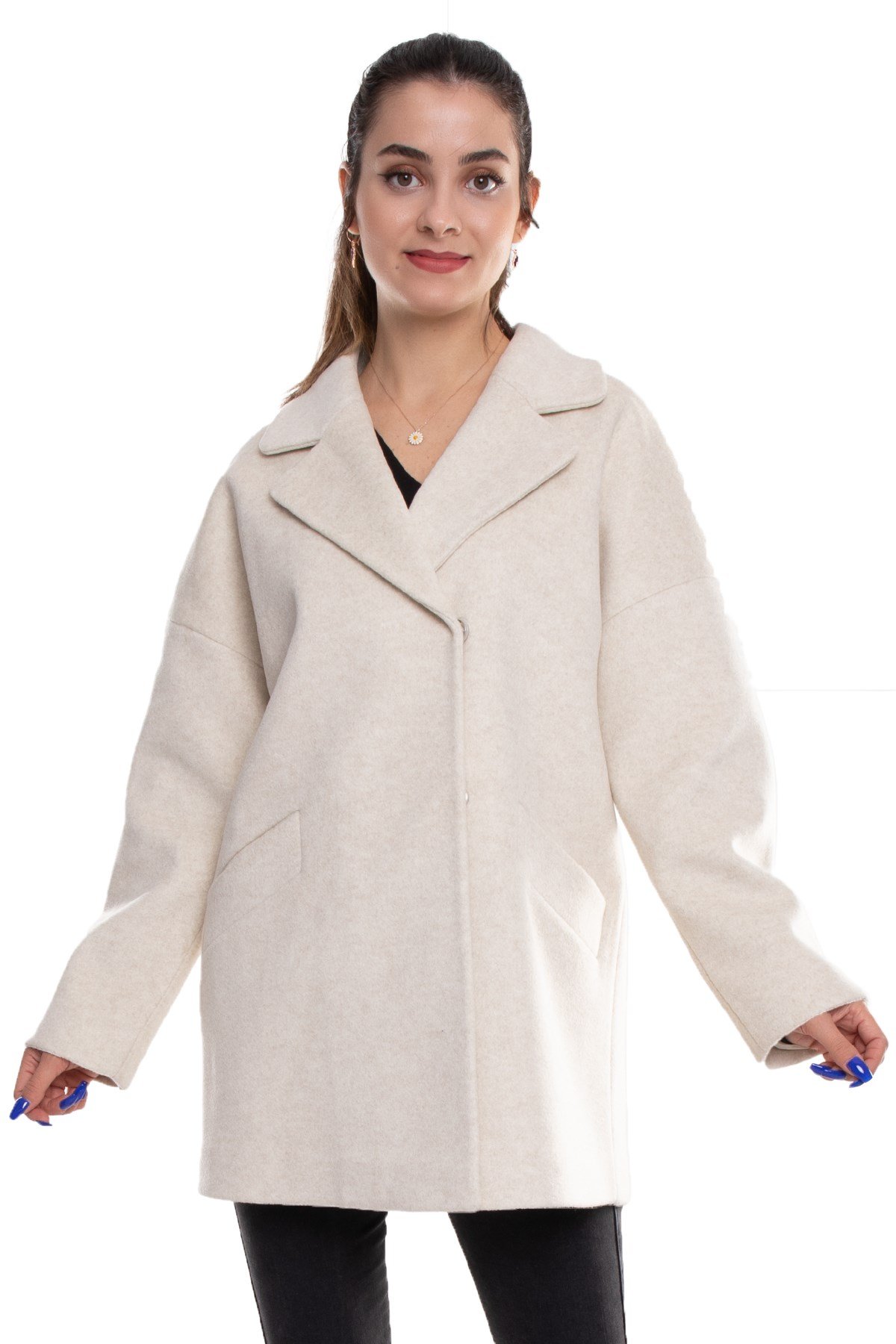 3749 Kasha Oversize Erkek Yaka Çıtçıtlı Kadın Kısa Kaban