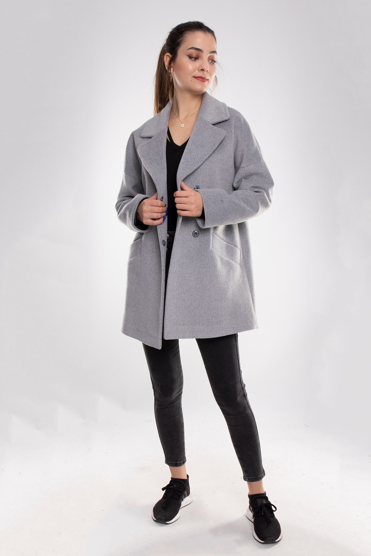 3749 Kasha Oversize Erkek Yaka Çıtçıtlı Kadın Kısa Kaban