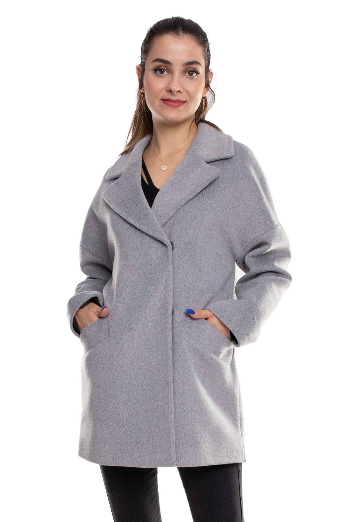 3749 Kasha Oversize Erkek Yaka Çıtçıtlı Kadın Kısa Kaban