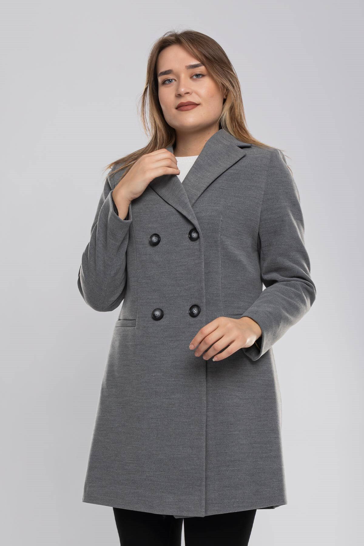 3769 Büyük Beden P.M Düğmeli Erkek Yaka Kadın Kaşe Kaban