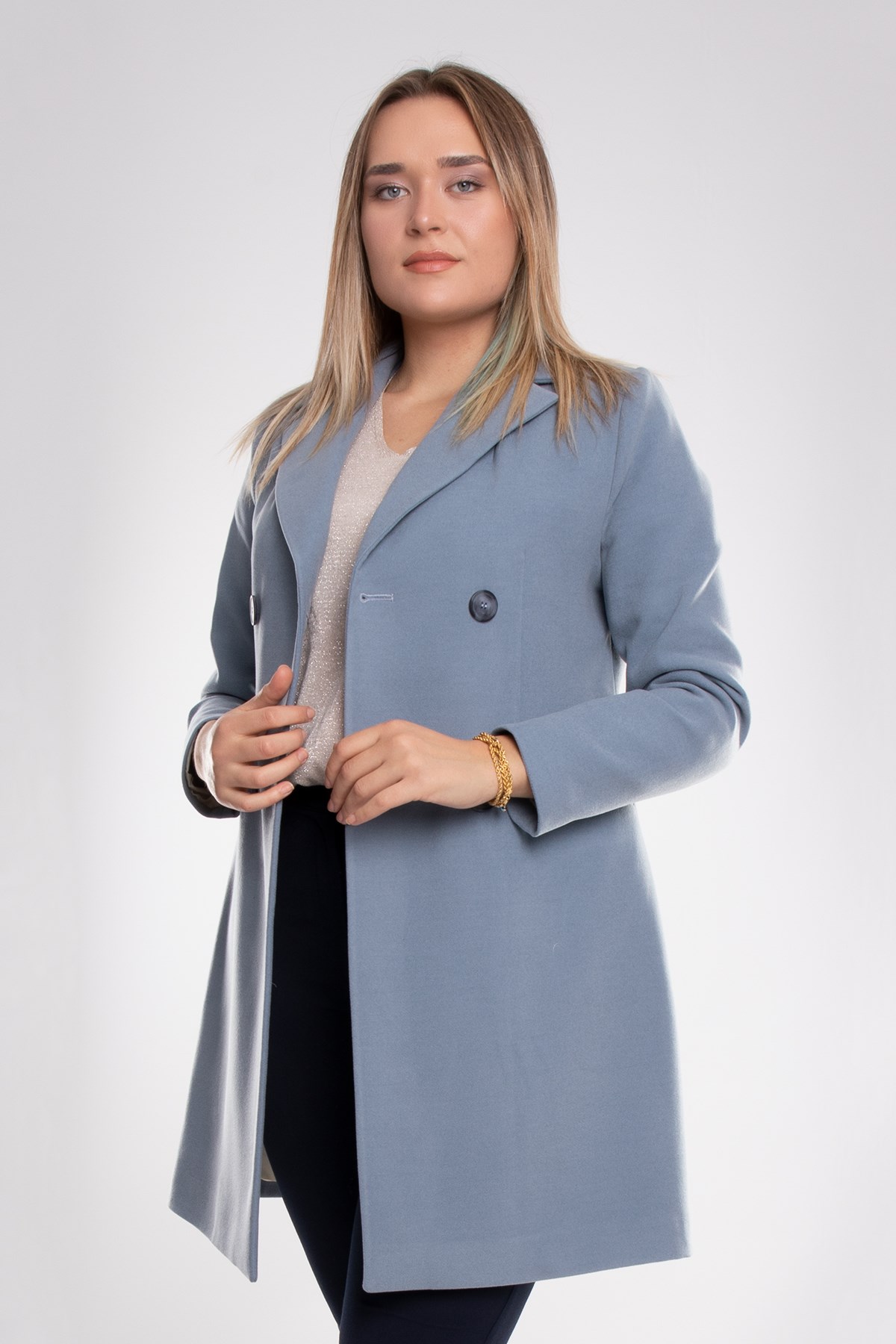 3769 Büyük Beden P.M Düğmeli Erkek Yaka Kadın Kaşe Kaban