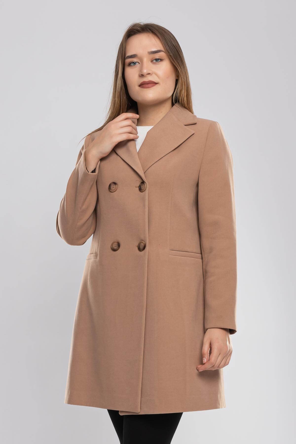 3769 Büyük Beden P.M Düğmeli Erkek Yaka Kadın Kaşe Kaban