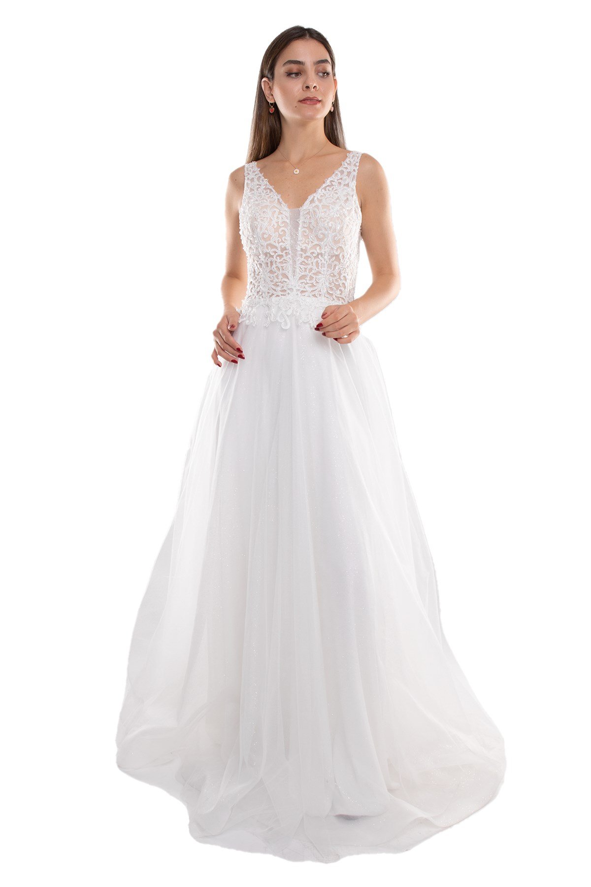 377 Göğüs Boncuklu Güpür İşleme Simli Tül Nişanlık