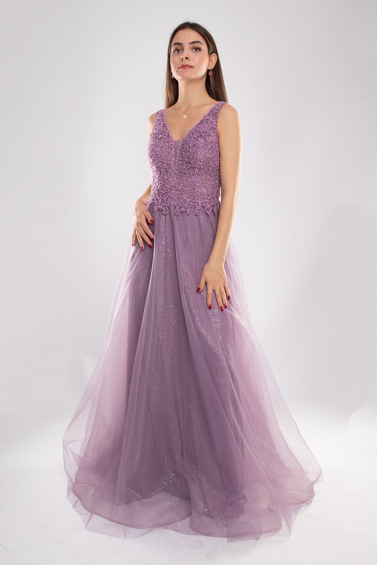 377 Göğüs Boncuklu Güpür İşleme Simli Tül Nişanlık