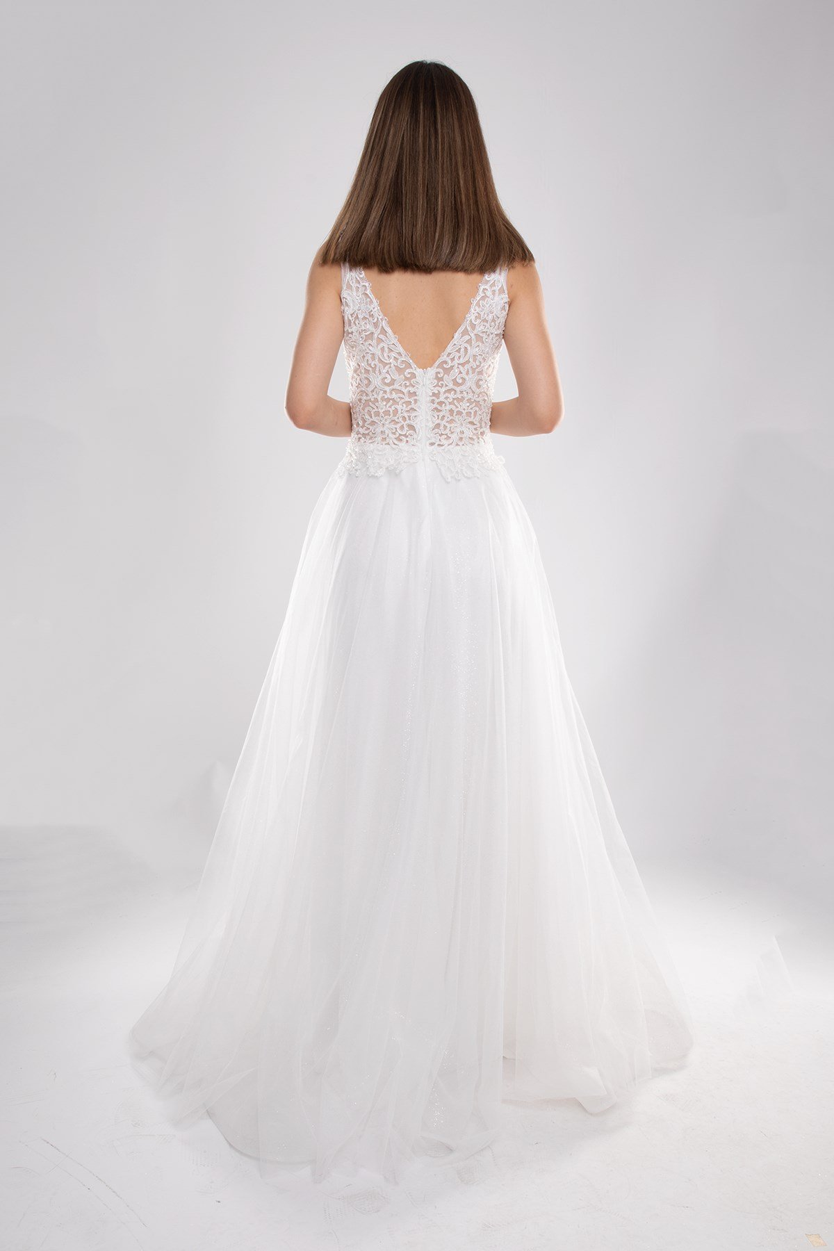 377 Göğüs Boncuklu Güpür İşleme Simli Tül Nişanlık