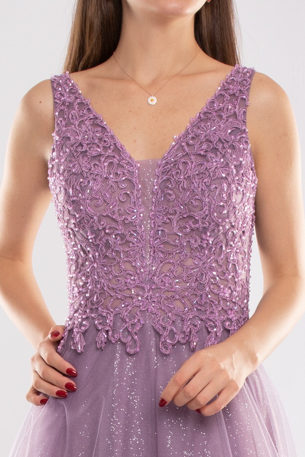 377 Göğüs Boncuklu Güpür İşleme Simli Tül Nişanlık