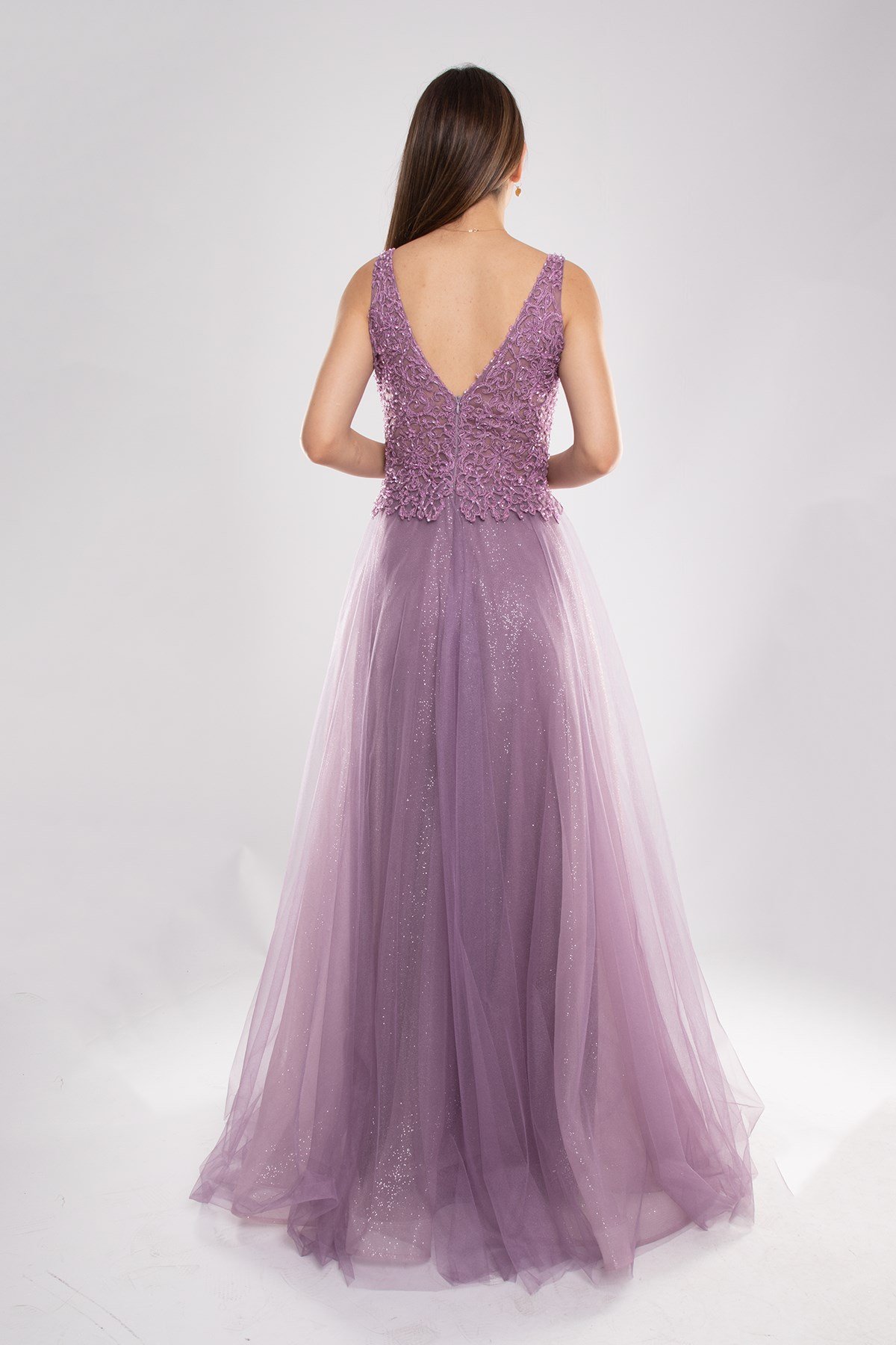 377 Göğüs Boncuklu Güpür İşleme Simli Tül Nişanlık