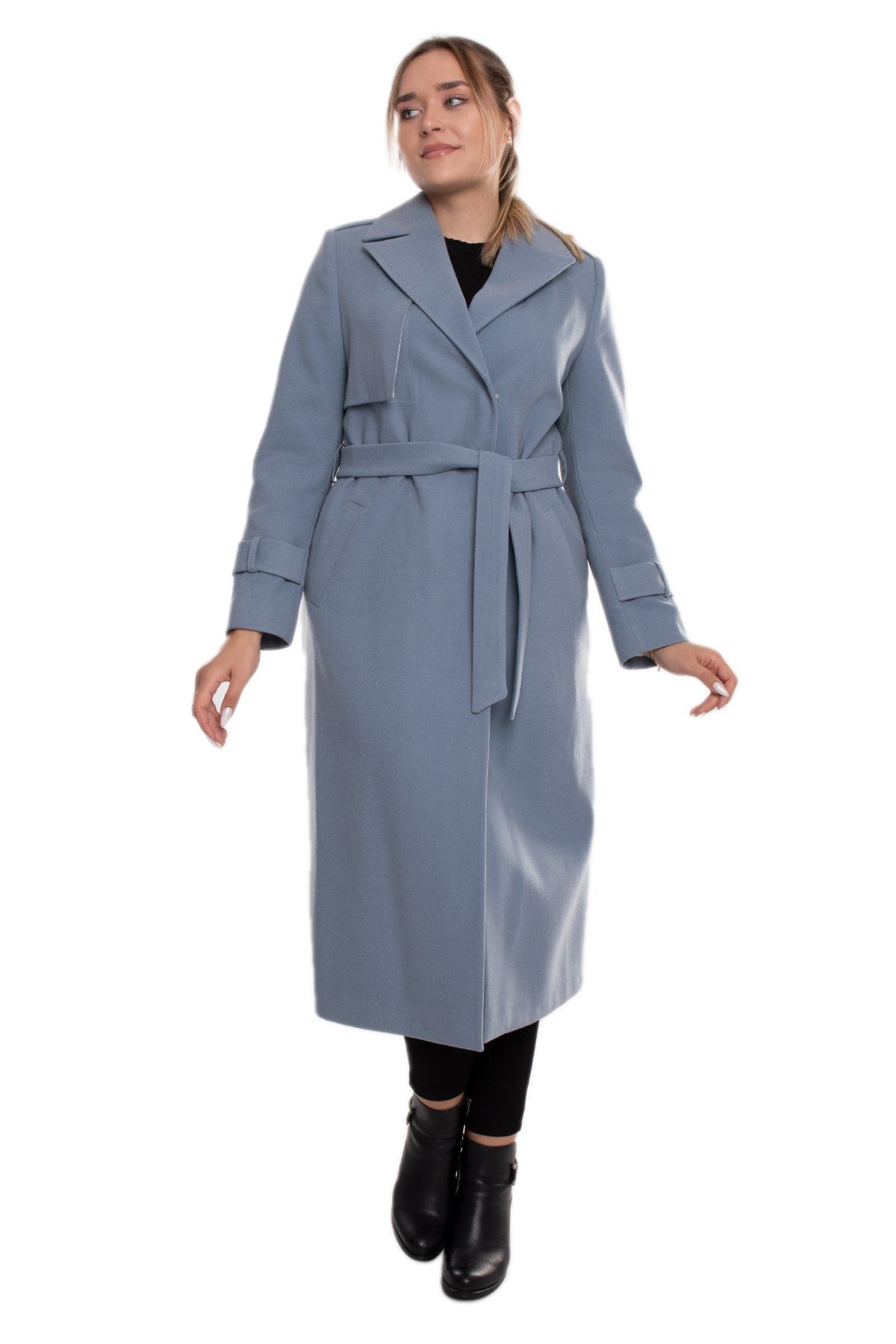 3771 Büyük Beden P.M Kuşaklı Omuz Kol Apoletli Çıtçıtlı Uzun Kadın Manto