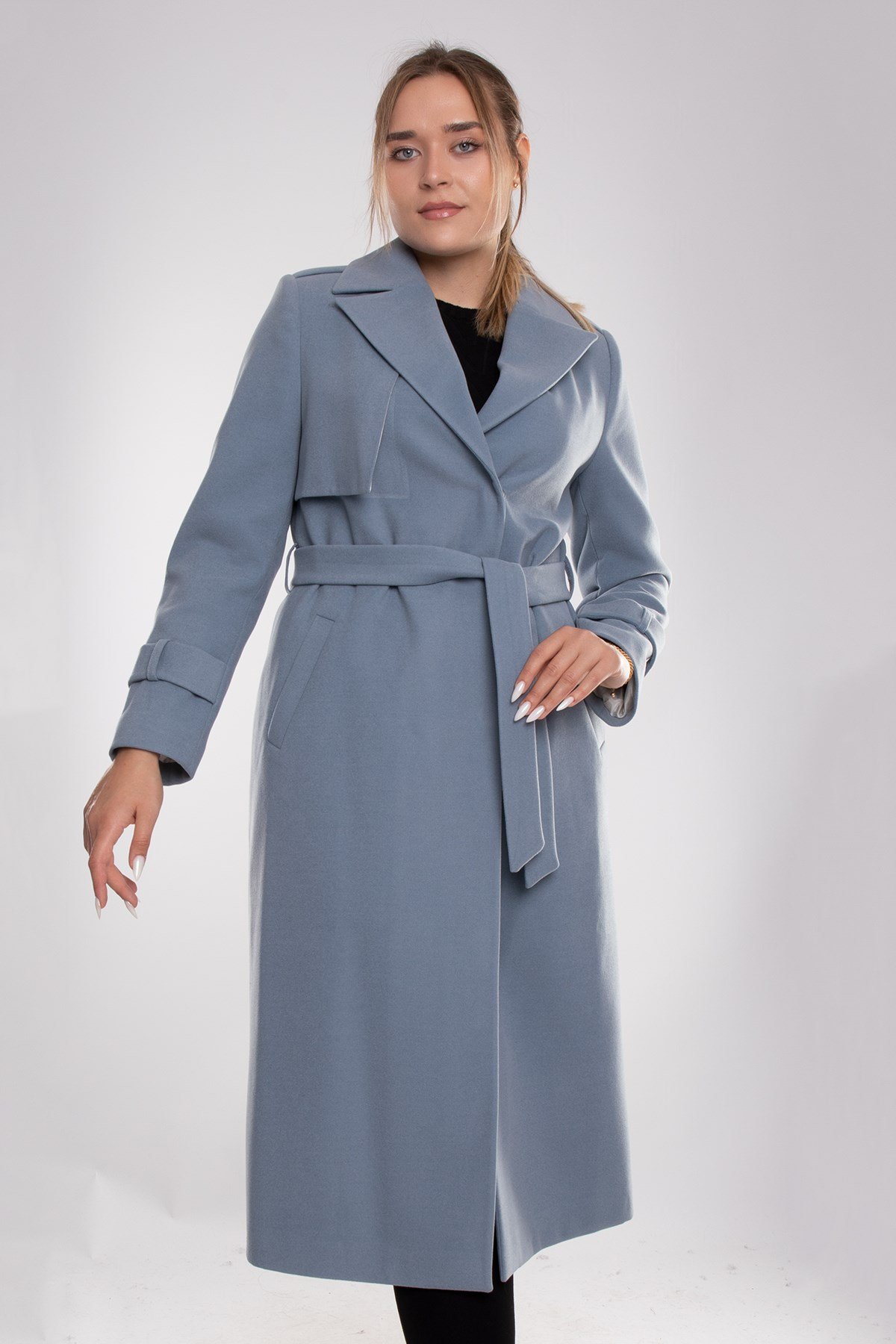 3771 Büyük Beden P.M Kuşaklı Omuz Kol Apoletli Çıtçıtlı Uzun Kadın Manto