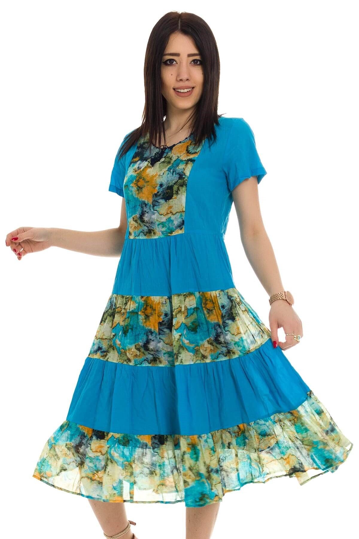 3790-1 BB Kısa Kol Eteği Katlı Desenli Pamuklu Otantik Elbise