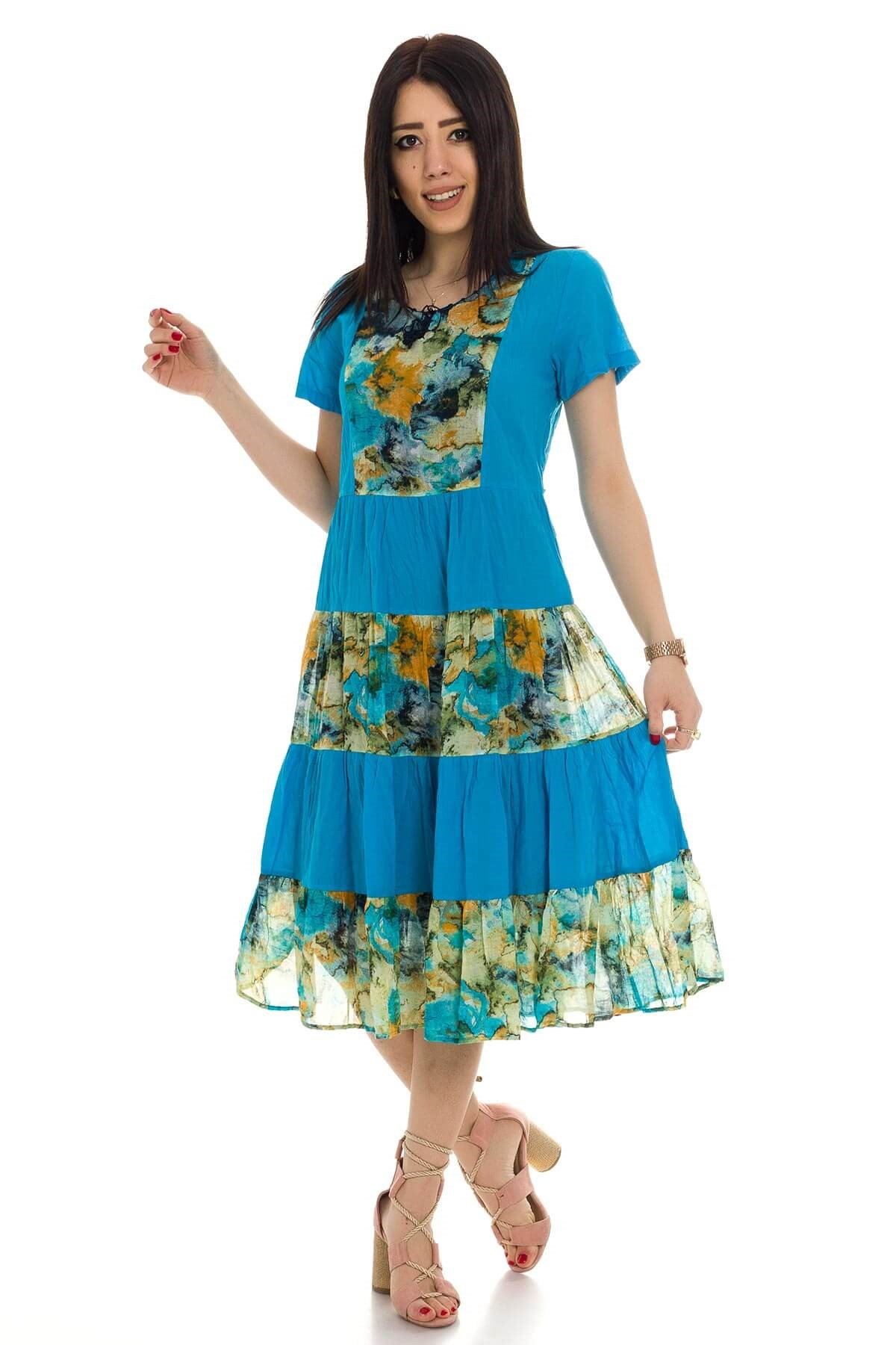 3790-1 BB Kısa Kol Eteği Katlı Desenli Pamuklu Otantik Elbise