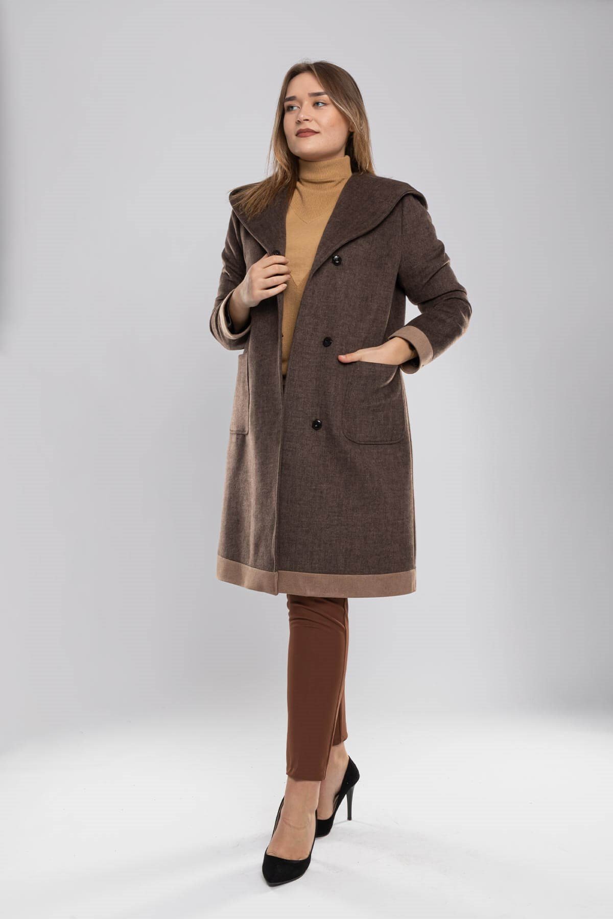 3792-K Büyük Beden Heildfeld Kapşonlu Yünlü Kadın Kaşmir Kaban