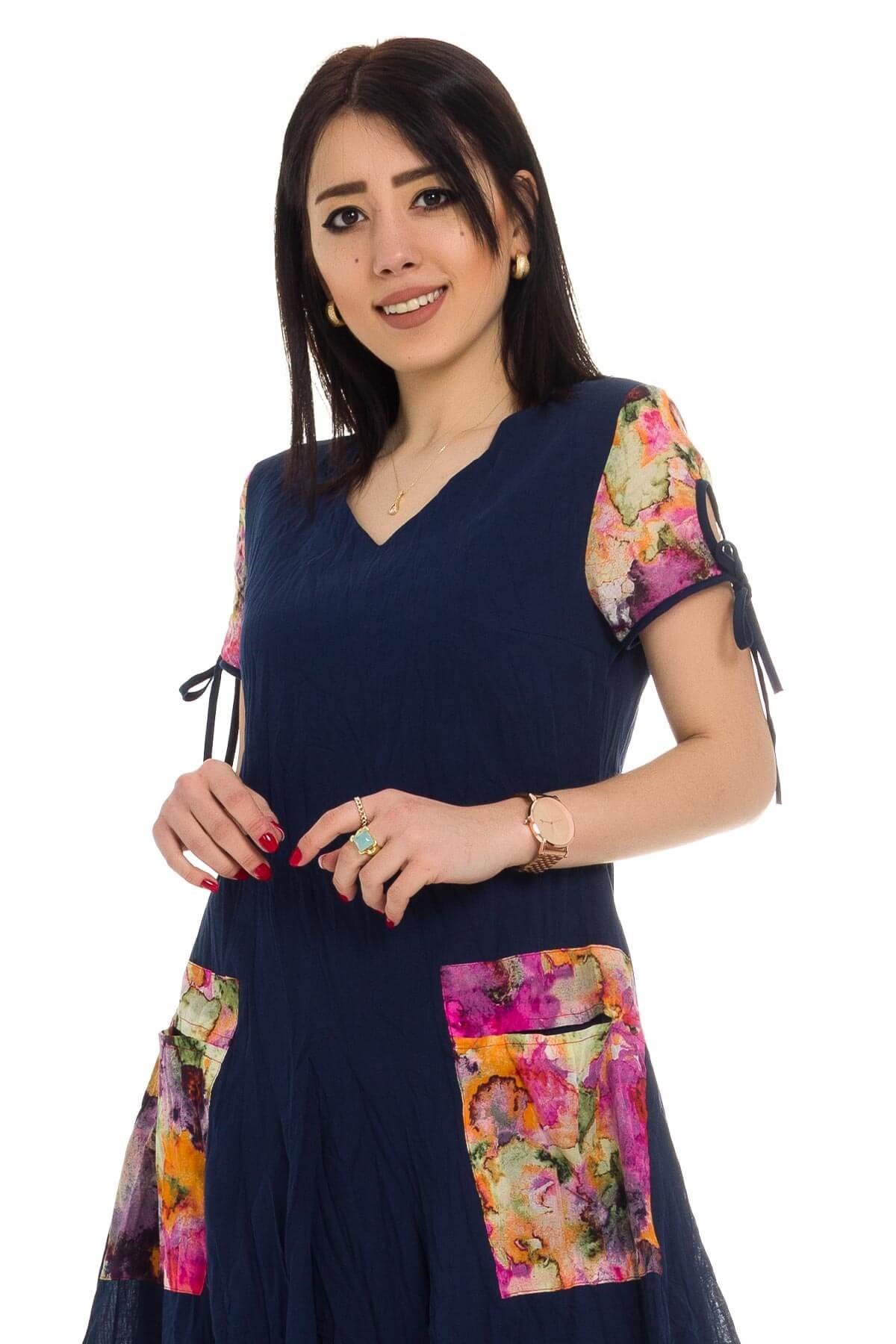 3796 BB Kısa Kollu Cep Yamalı Desenli Pamuklu Otantik Elbise