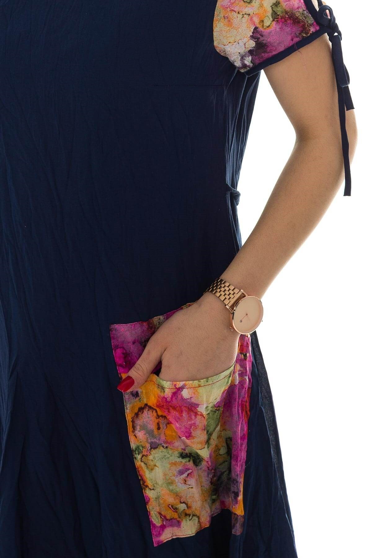 3796 BB Kısa Kollu Cep Yamalı Desenli Pamuklu Otantik Elbise