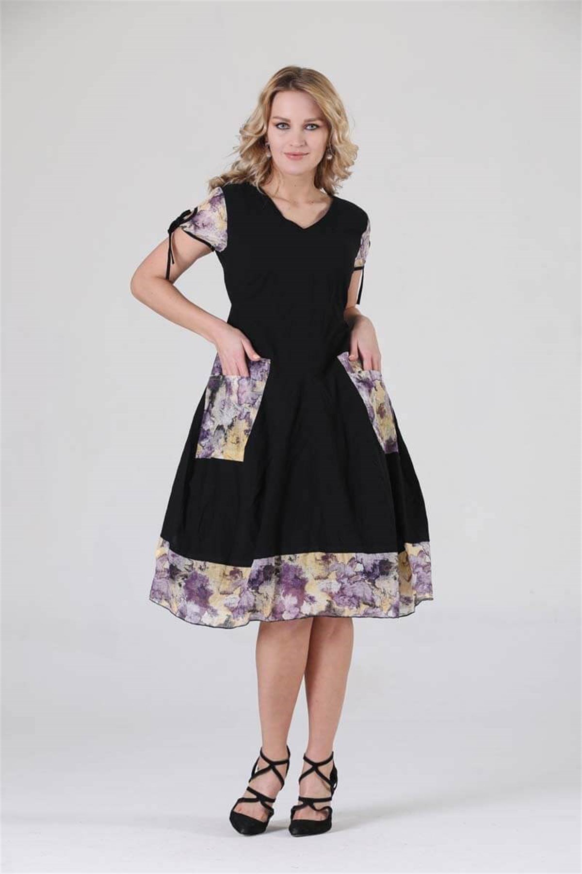 3796 BB Kısa Kollu Cep Yamalı Desenli Pamuklu Otantik Elbise