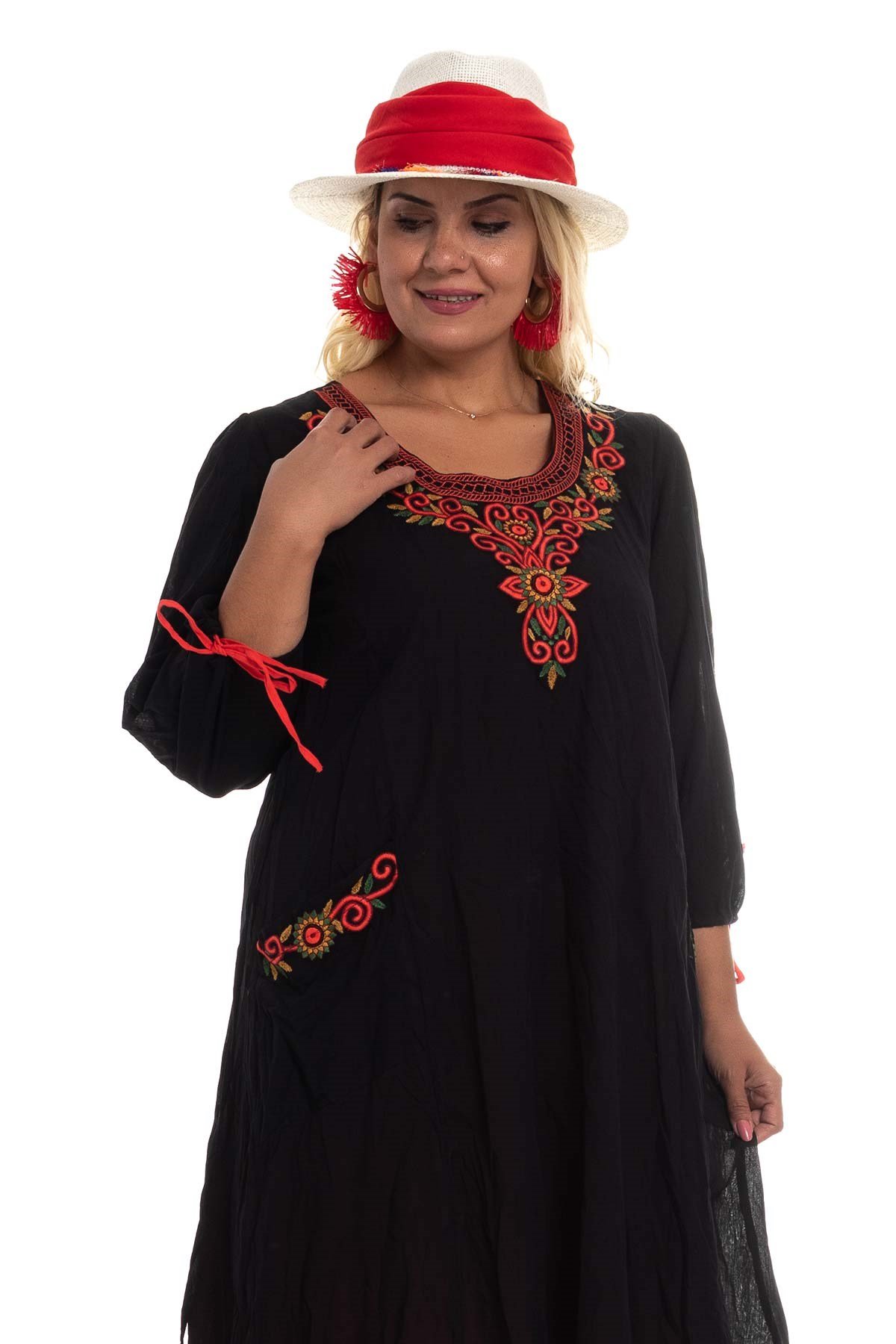 3814 Önü Nakışlı Truv.Kol Cepli Pamuk Otantik Elbise