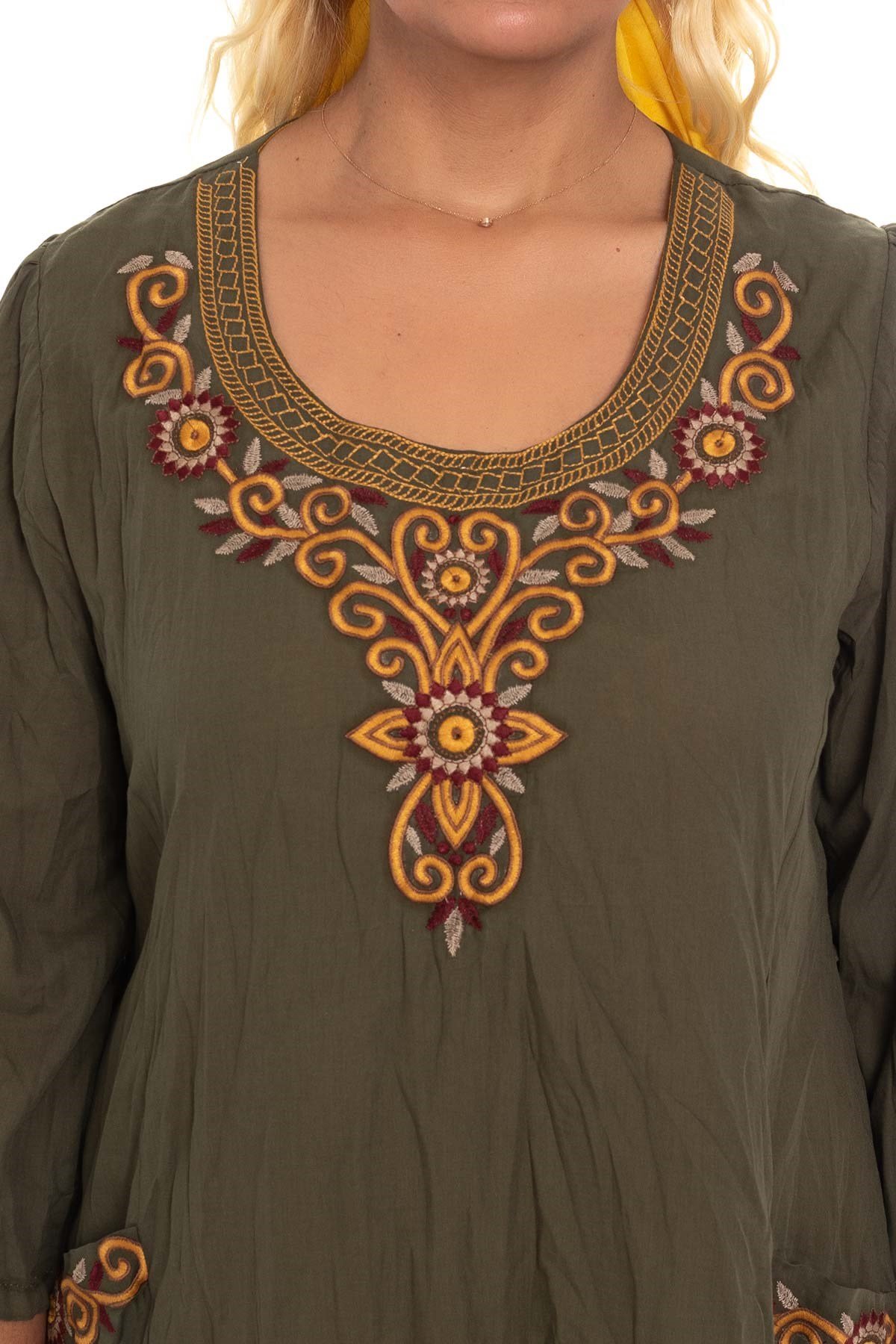 3814 Önü Nakışlı Truv.Kol Cepli Pamuk Otantik Elbise