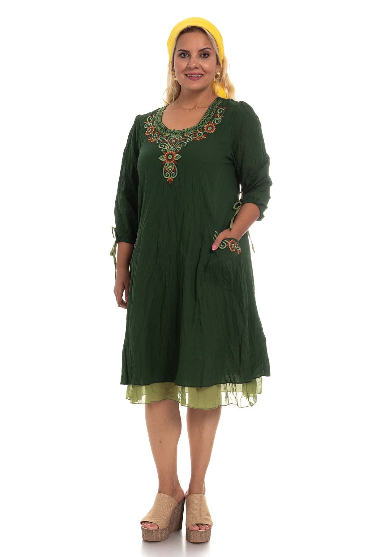 3814 Önü Nakışlı Truv.Kol Cepli Pamuk Otantik Elbise