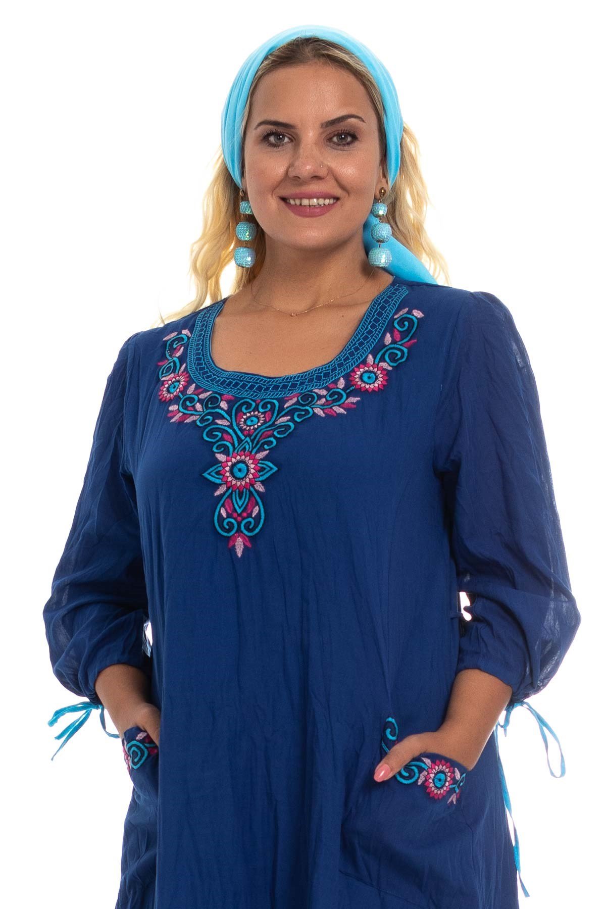 3814 Önü Nakışlı Truv.Kol Cepli Pamuk Otantik Elbise