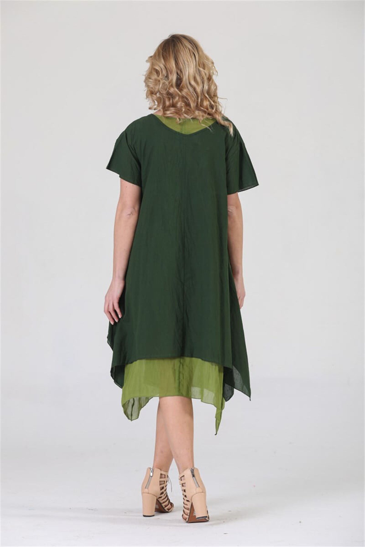 3815 BB Kanaviçe İşli Eteği KatKat Kısa Kol Pamuk Otantik Elbise