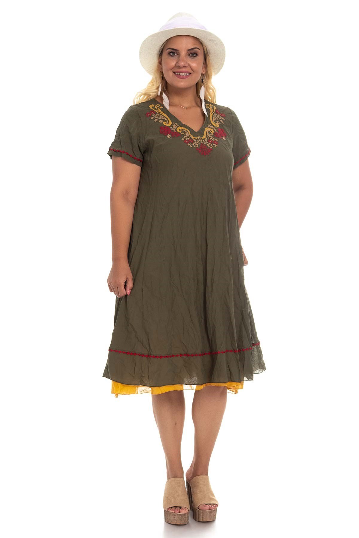 3832 Yaka Kanaviçe İşlemeli Pamuk Otantik Elbise