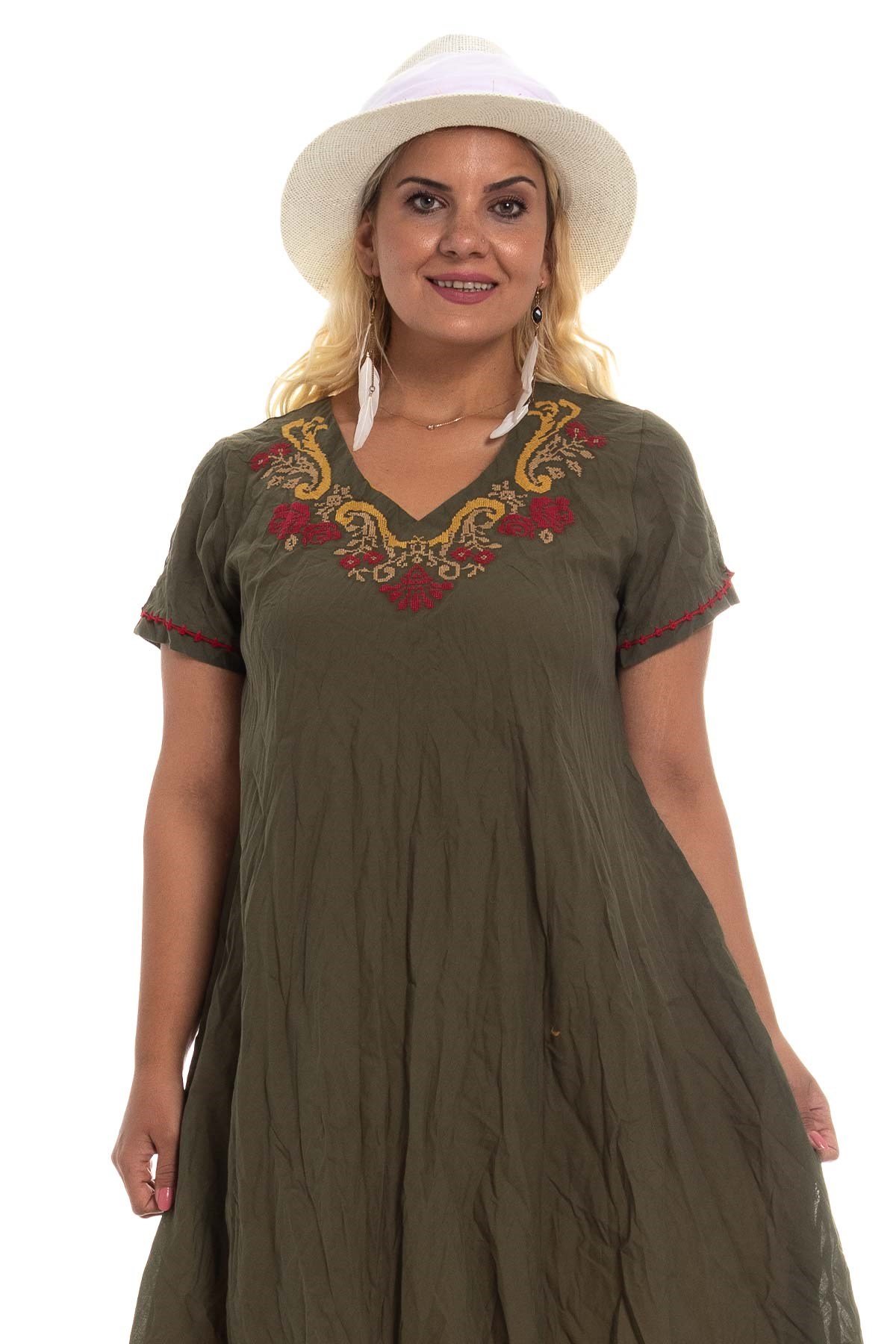 3832 Yaka Kanaviçe İşlemeli Pamuk Otantik Elbise