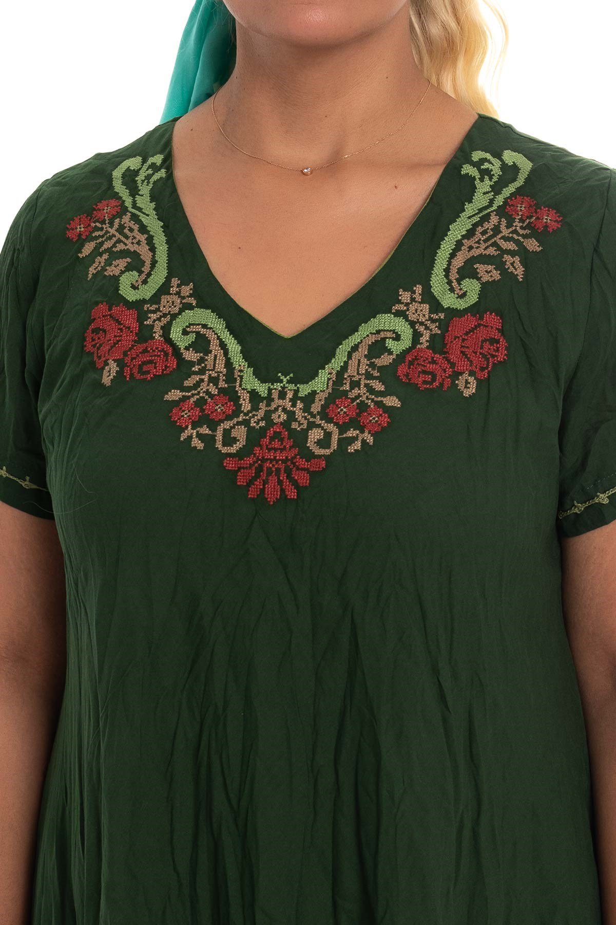 3832 Yaka Kanaviçe İşlemeli Pamuk Otantik Elbise