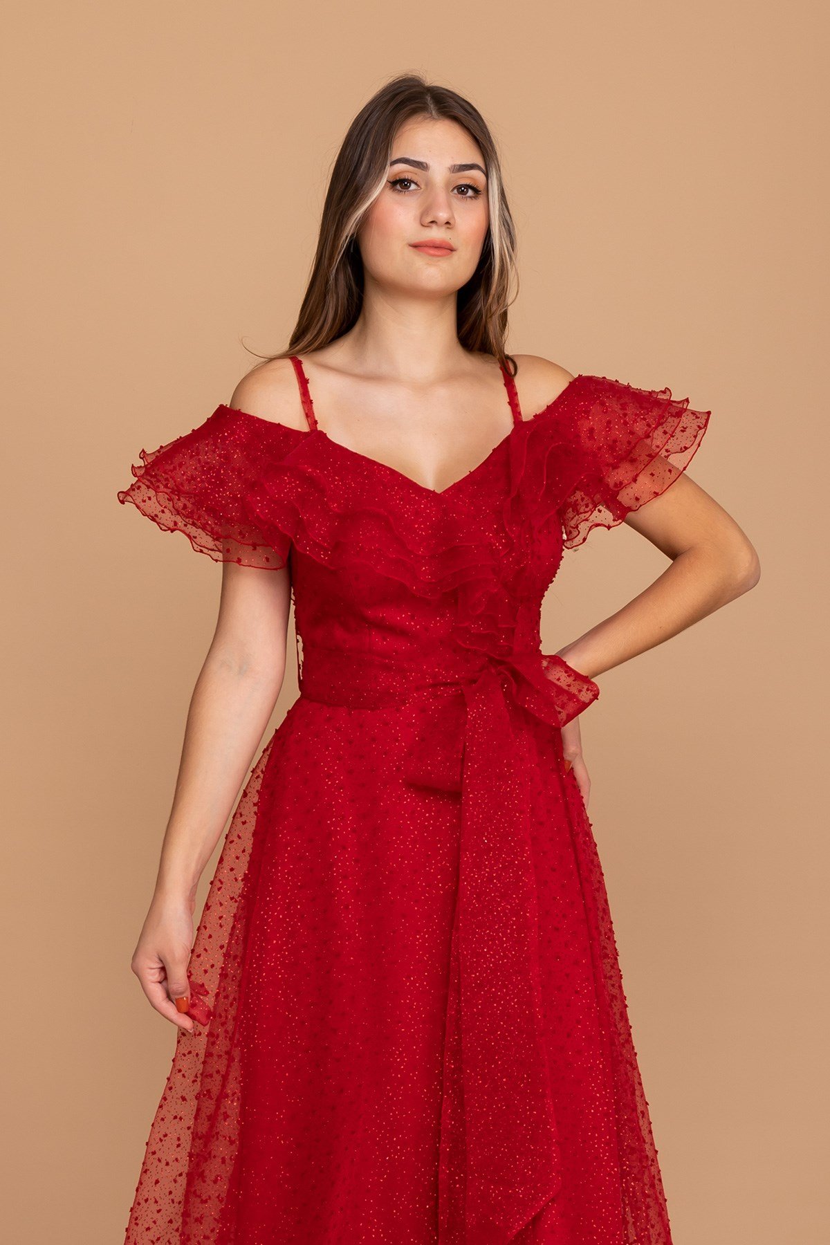 384 KB Yırtmaçlı İspanyol Yaka Simli Puntolu Uzun Tül Elbise