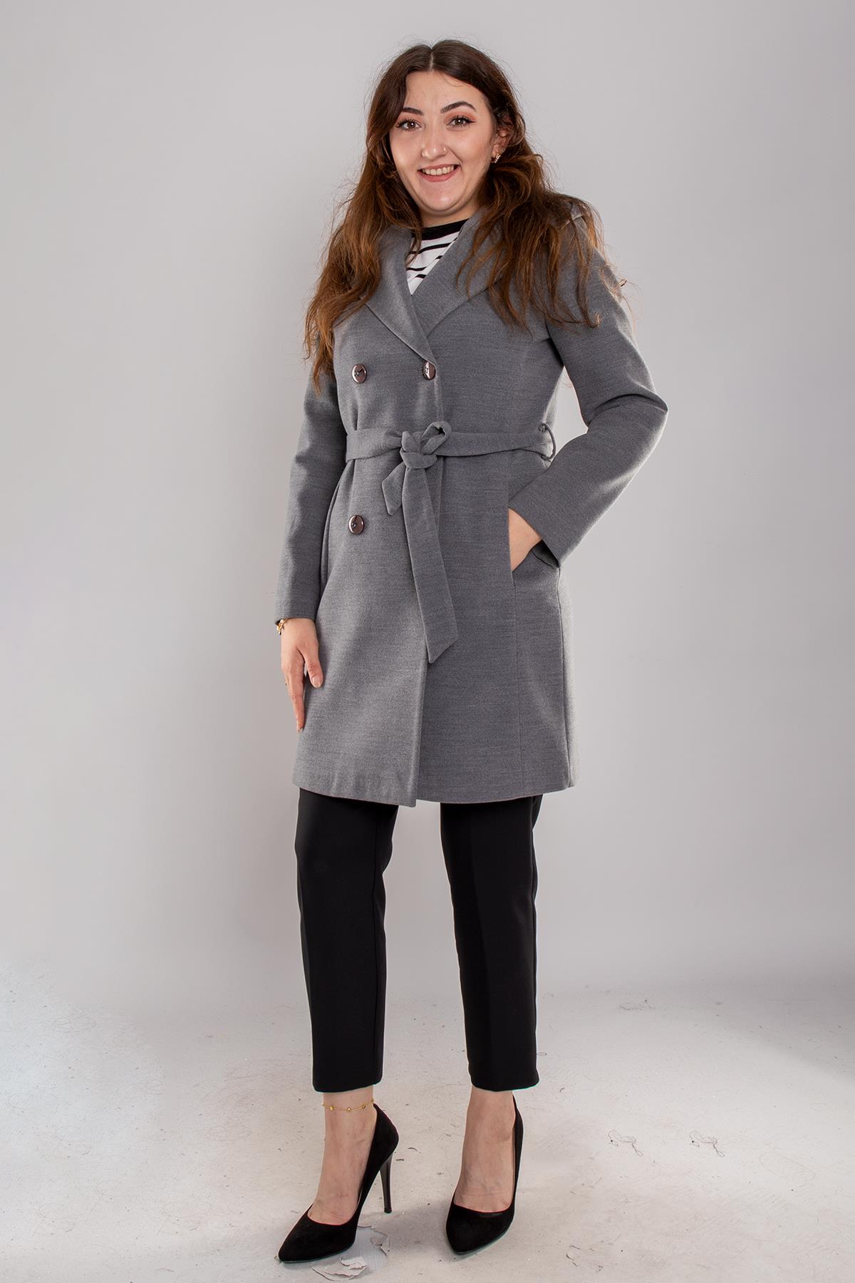 3844 P.M. Şalyaka Kapüşonlu Kuşaklı Midiboy Kadın Kaşe Kaban