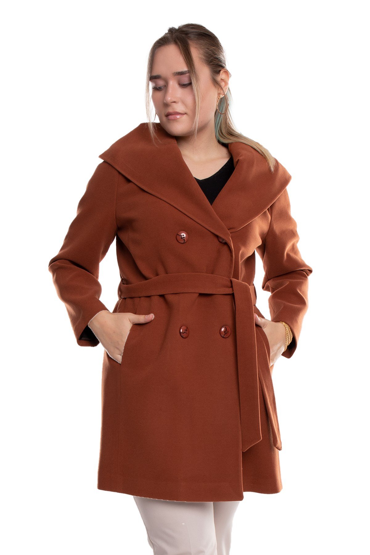 3844 P.M. Şalyaka Kapüşonlu Kuşaklı Midiboy Kadın Kaşe Kaban