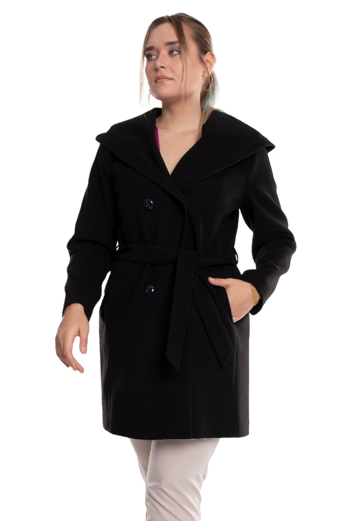 3844 P.M. Şalyaka Kapüşonlu Kuşaklı Midiboy Kadın Kaşe Kaban