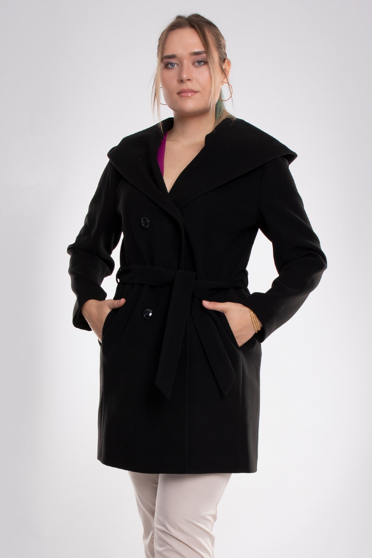 3844 P.M. Şalyaka Kapüşonlu Kuşaklı Midiboy Kadın Kaşe Kaban