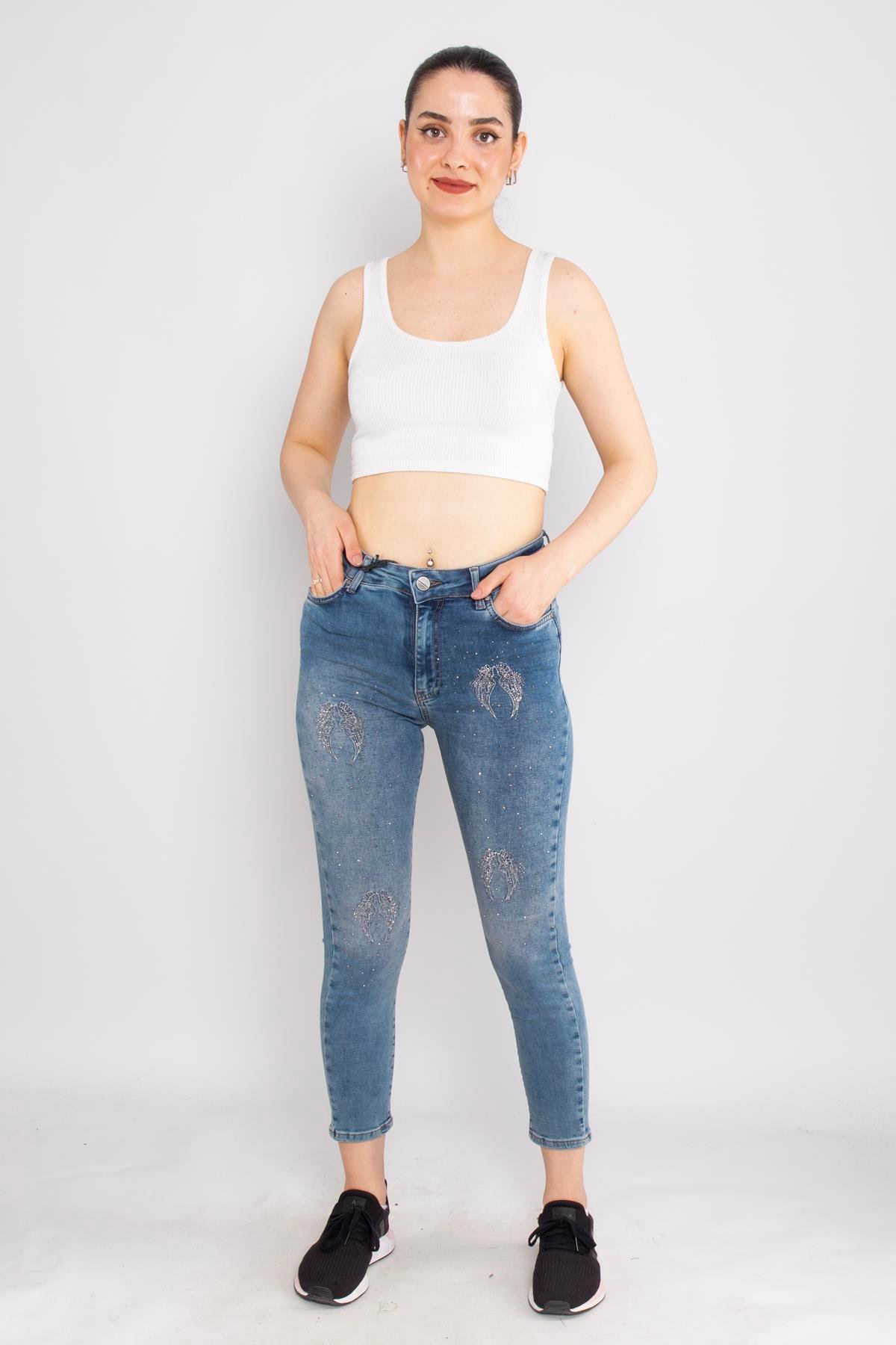 385 Linda Kanat Nakış Serpme Taşlı Kadın Kot Pantolon