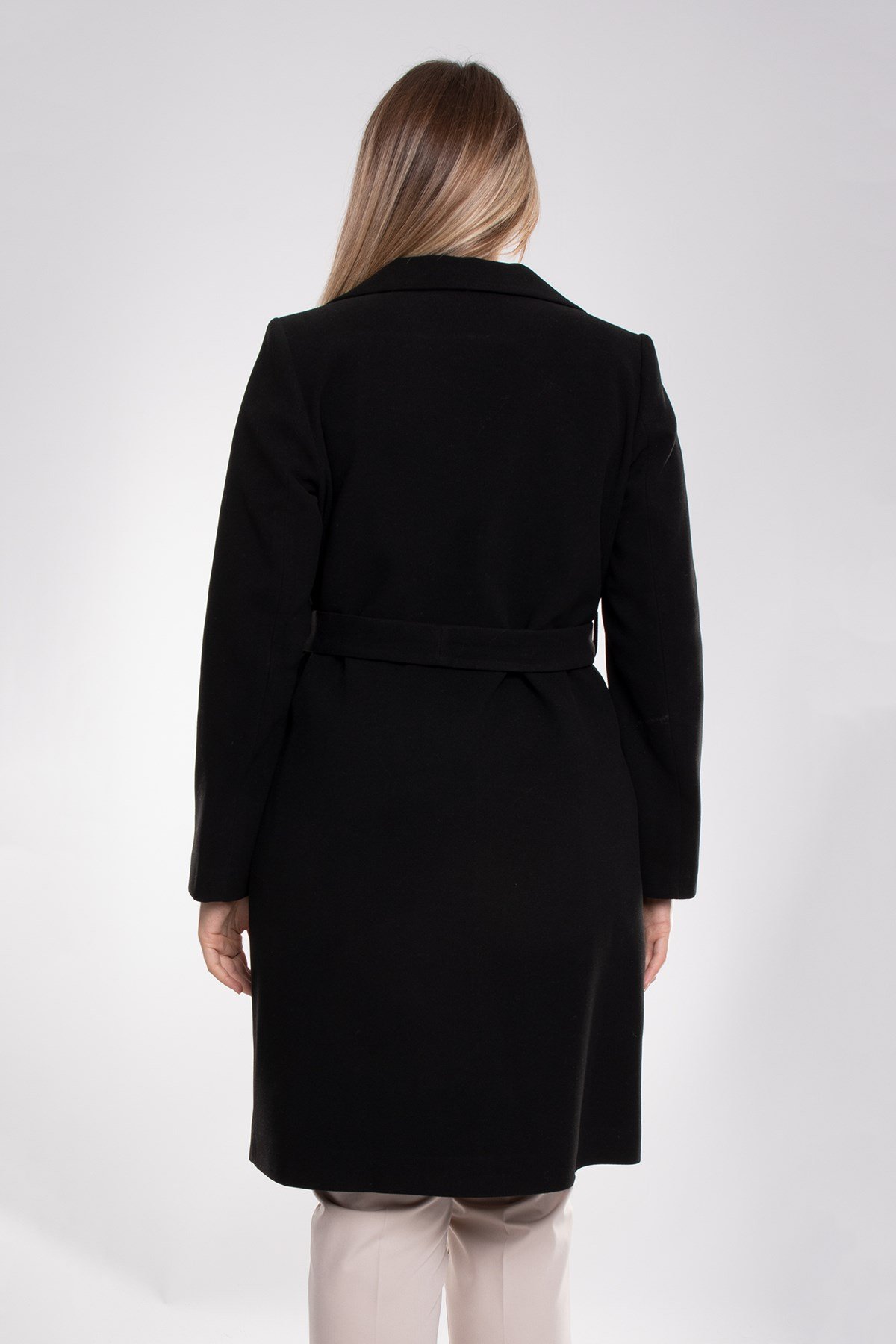 3854 Büyük Beden P.M.Erkek Yaka Kuşaklı Kadın Uzun Kaşe Kaban