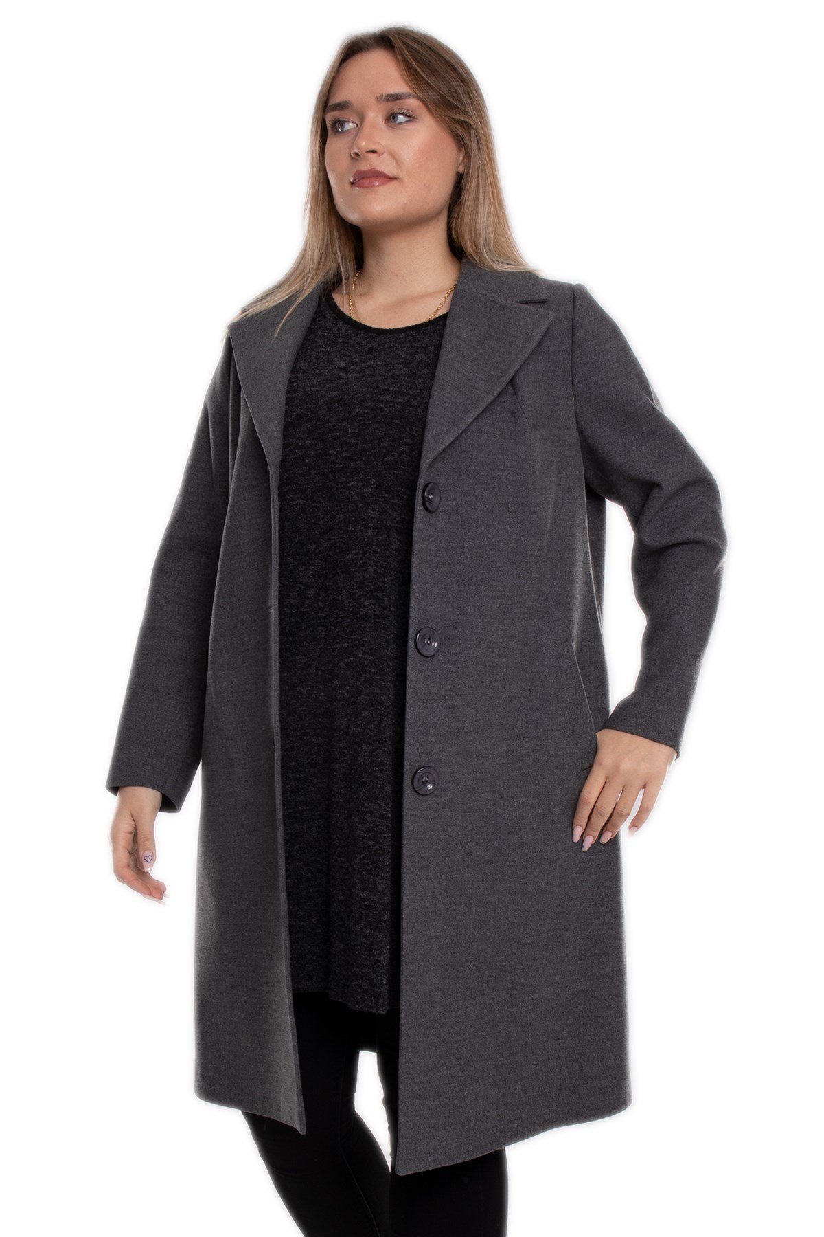 3857 Büyük Beden P.M. Düğmeli Erkek Yaka Midiboy Kadın Kaşe Kaban