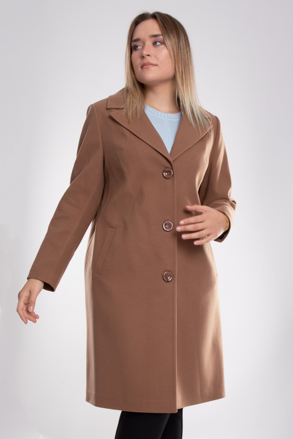 3857 Büyük Beden P.M. Düğmeli Erkek Yaka Midiboy Kadın Kaşe Kaban