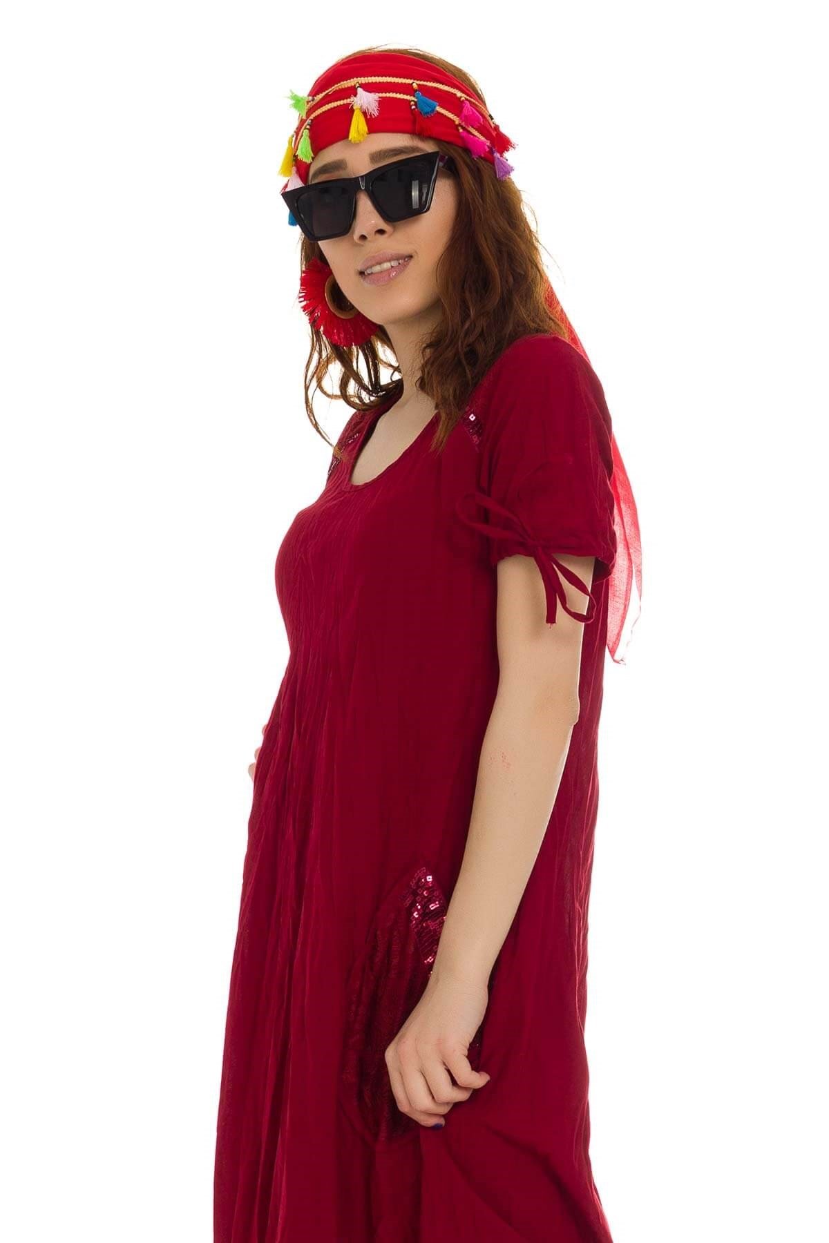 3859 BB Etek Ucu Dantel Pulpayetli Pamuklu Otantik Elbise