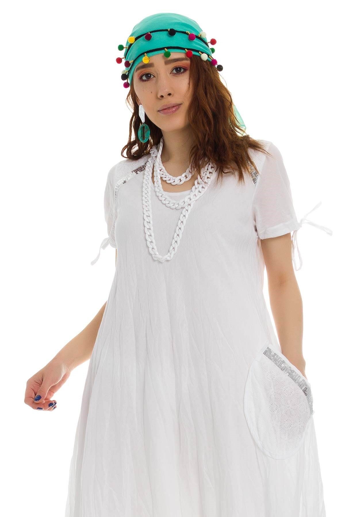 3859 BB Etek Ucu Dantel Pulpayetli Pamuklu Otantik Elbise