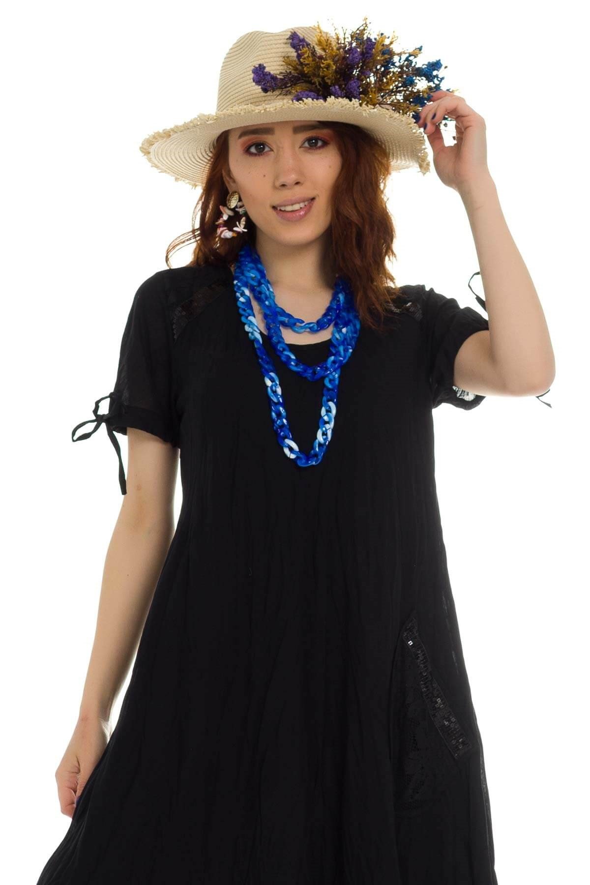 3859 BB Etek Ucu Dantel Pulpayetli Pamuklu Otantik Elbise