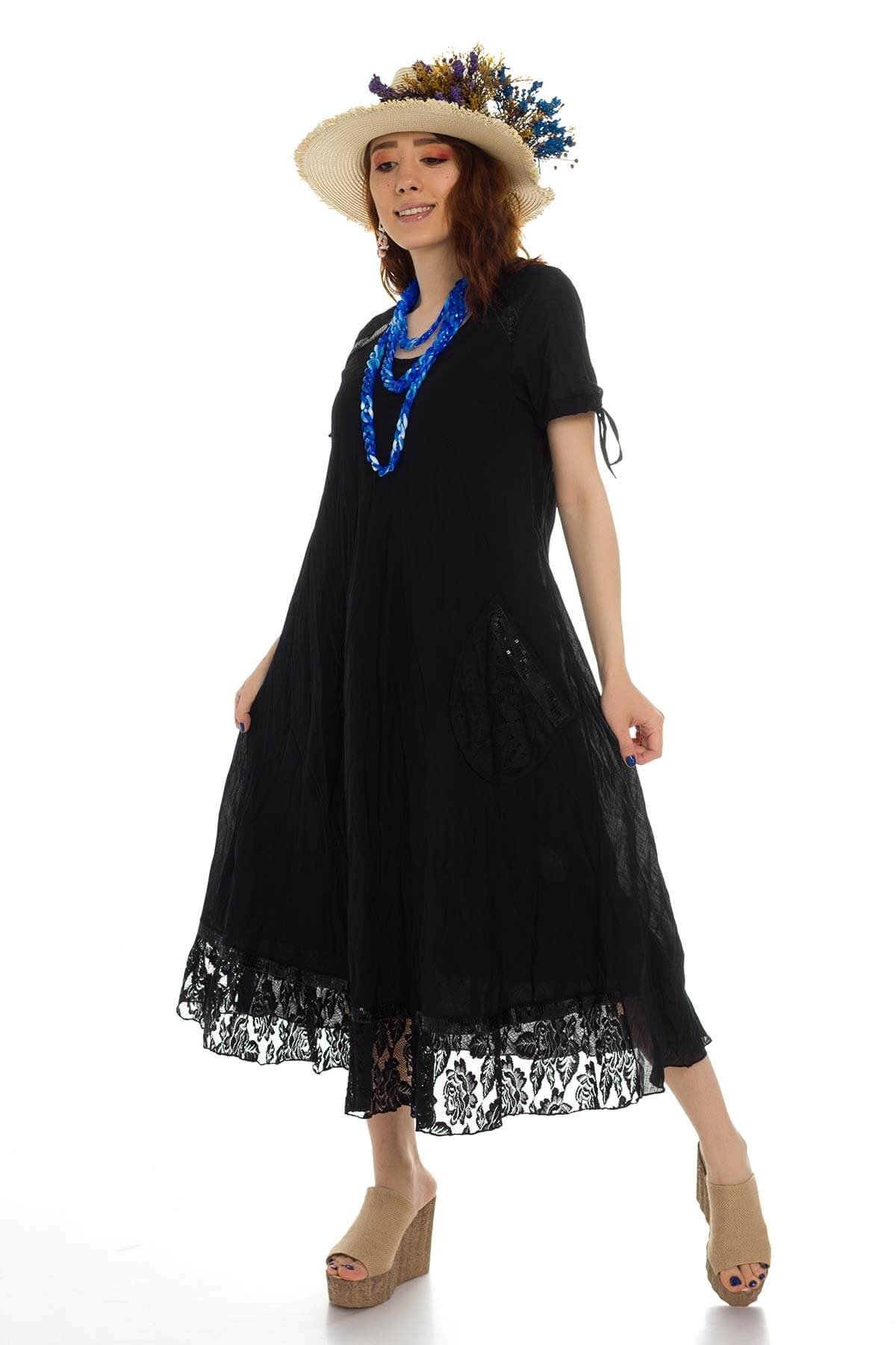 3859 BB Etek Ucu Dantel Pulpayetli Pamuklu Otantik Elbise