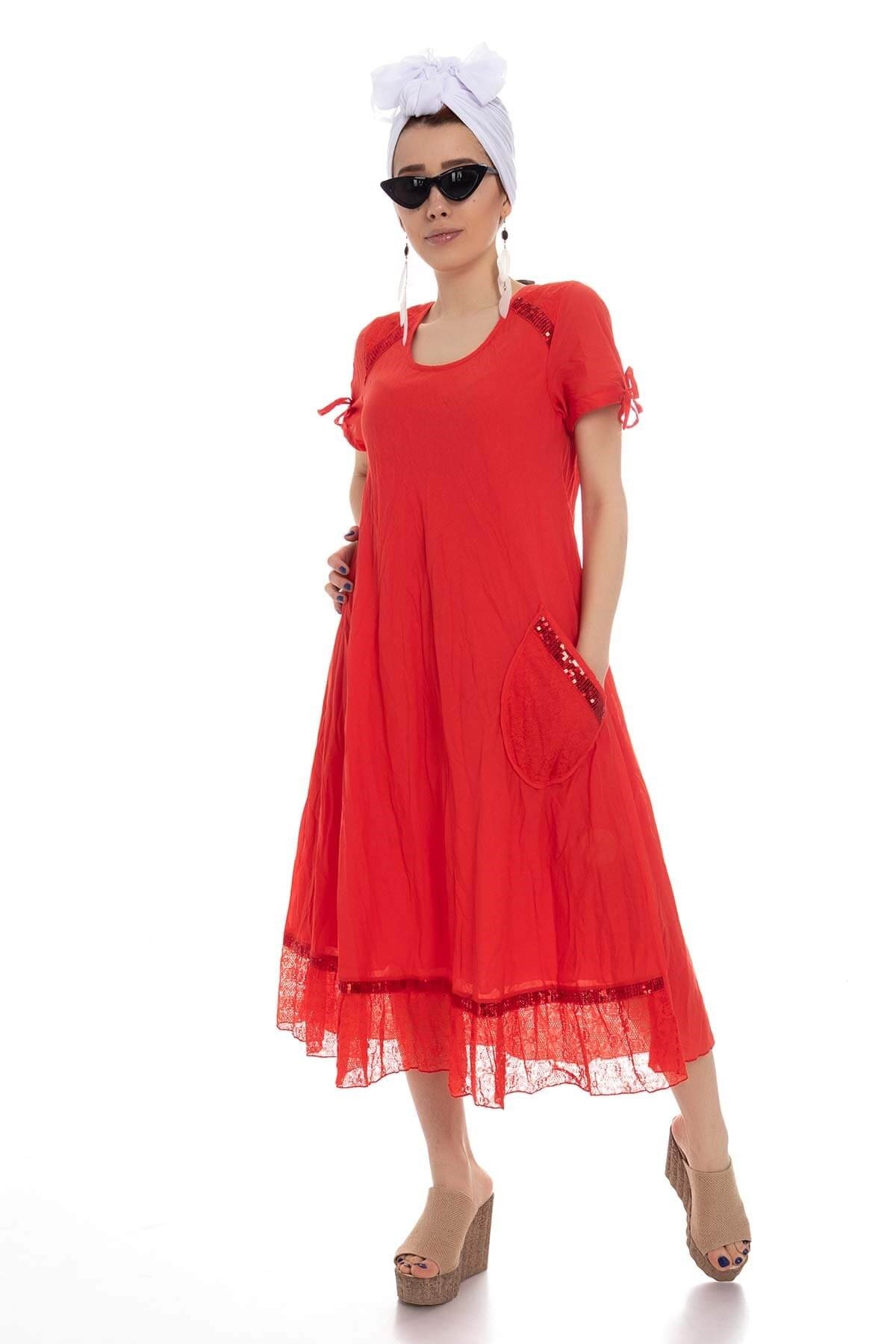 3859 BB Etek Ucu Dantel Pulpayetli Pamuklu Otantik Elbise