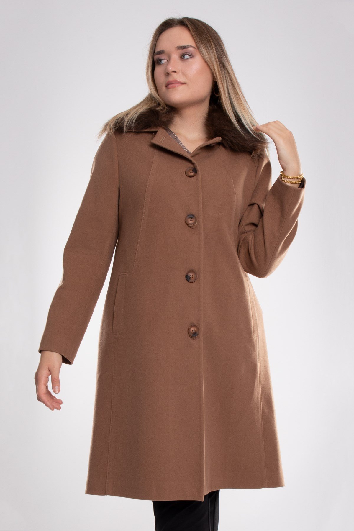 3861 Büyük Beden P.M. Yaka Kürklü Dikişli Midiboy Kadın Kaşe Kaban