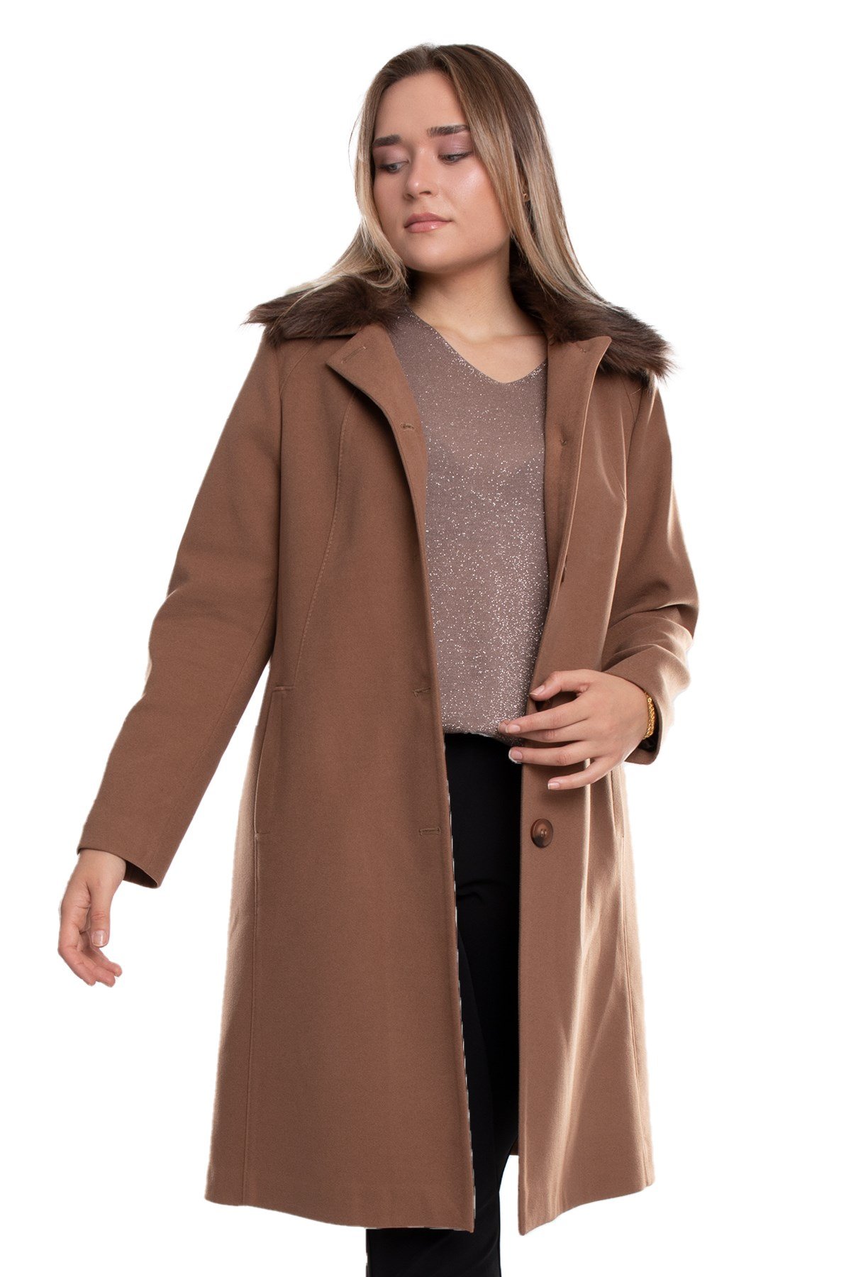 3861 Büyük Beden P.M. Yaka Kürklü Dikişli Midiboy Kadın Kaşe Kaban