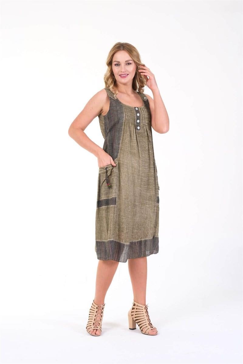3864 Büyük Beden Kalın Askılı Cepli Pamuk Kadın Otantik Elbise