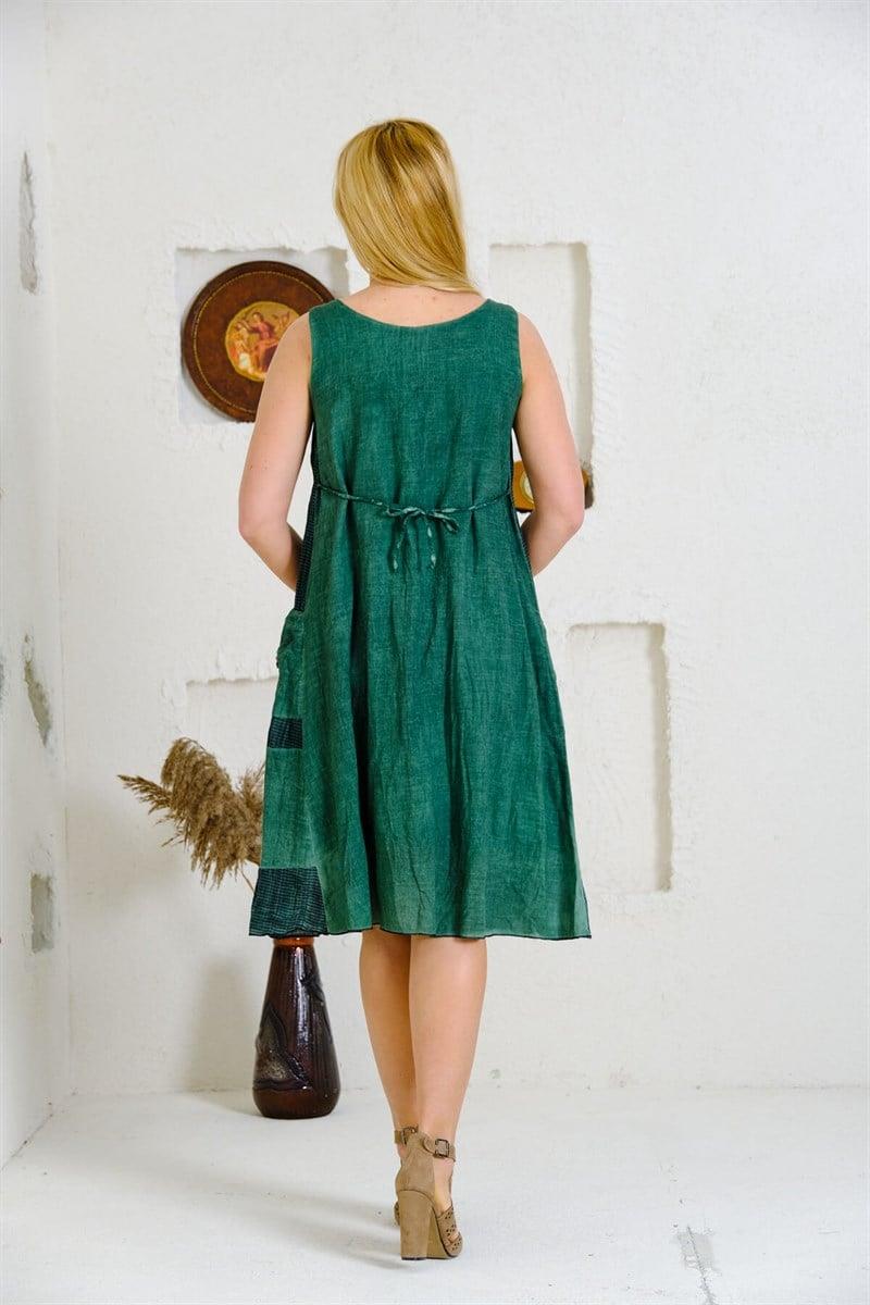 3864 Büyük Beden Kalın Askılı Cepli Pamuk Kadın Otantik Elbise