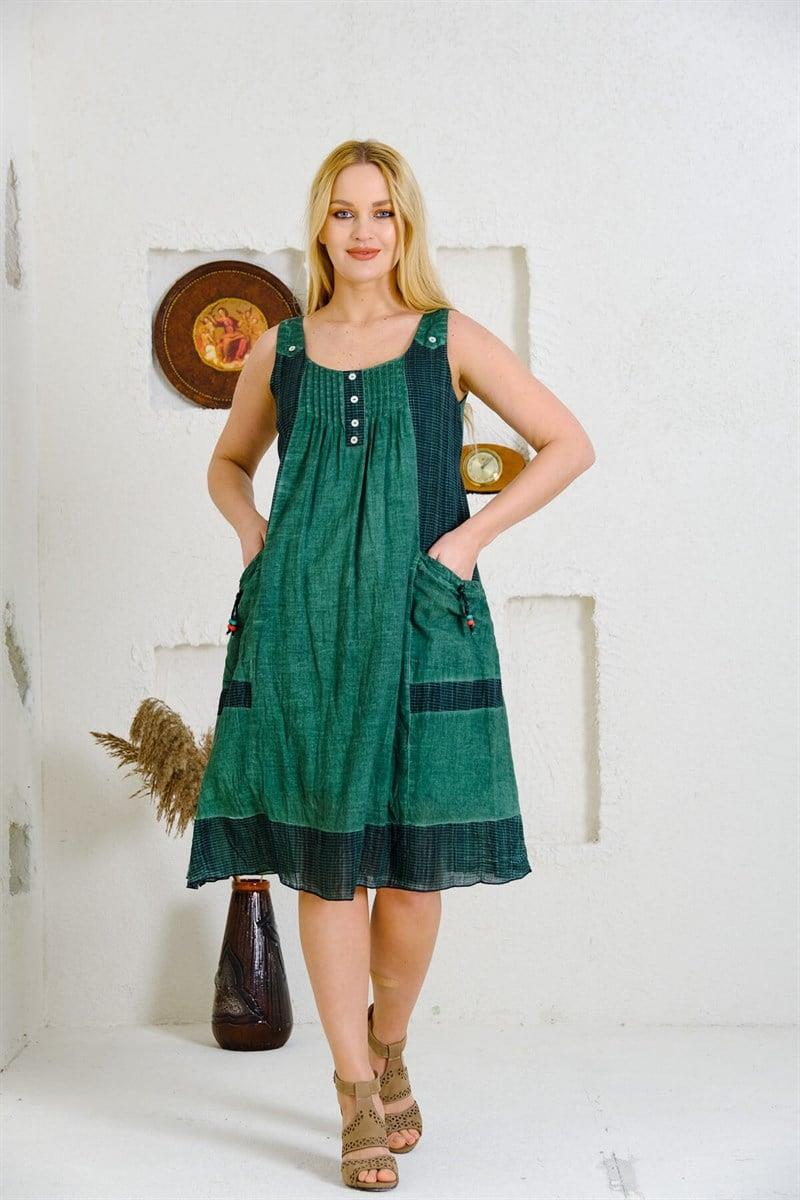 3864 Büyük Beden Kalın Askılı Cepli Pamuk Kadın Otantik Elbise