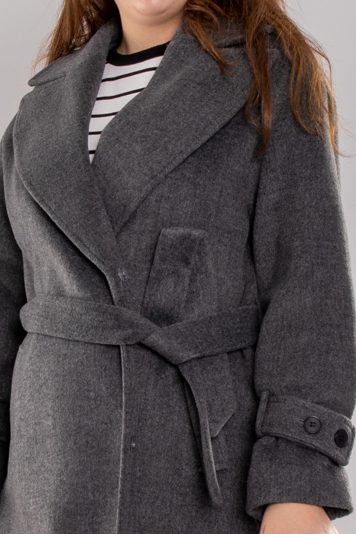 3933 Büyük Beden Kasha Beli Kuşaklı Apolet Detay Uzun Kaşe Pardesü