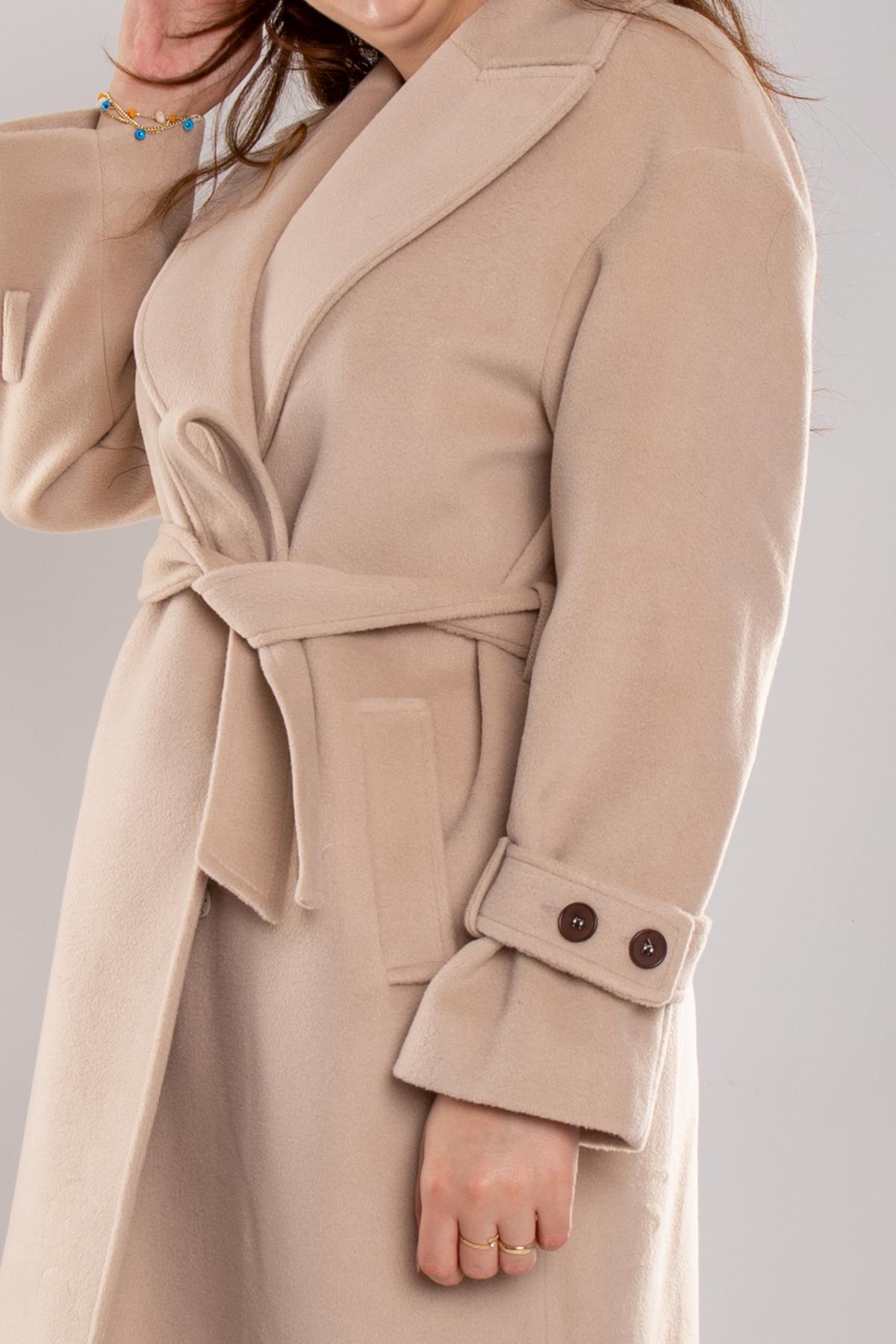 3933 Büyük Beden Kasha Beli Kuşaklı Apolet Detay Uzun Kaşe Pardesü