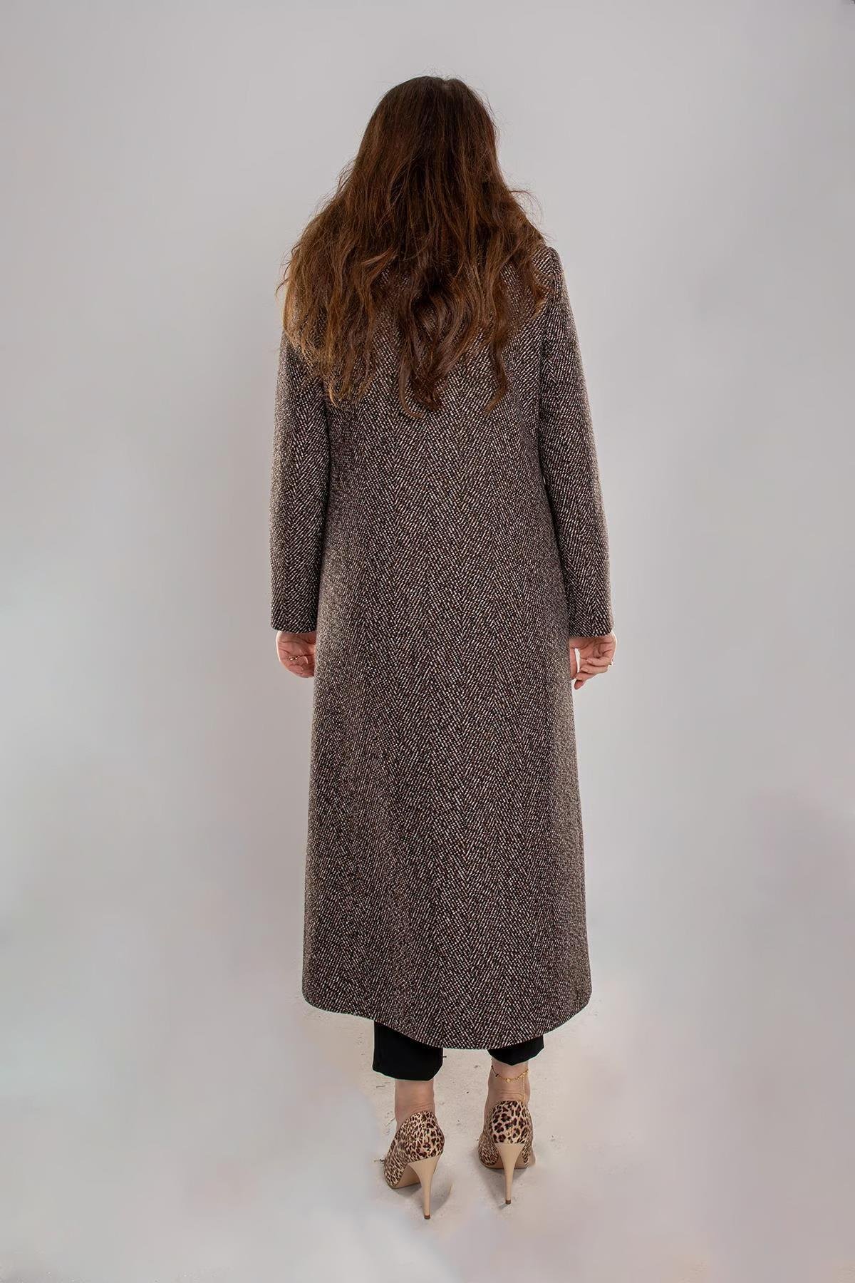 3937 Büyük Beden Oscar Kırçıllı Kruvaze Yaka Kürklü Uzun Kaşe Pardesü