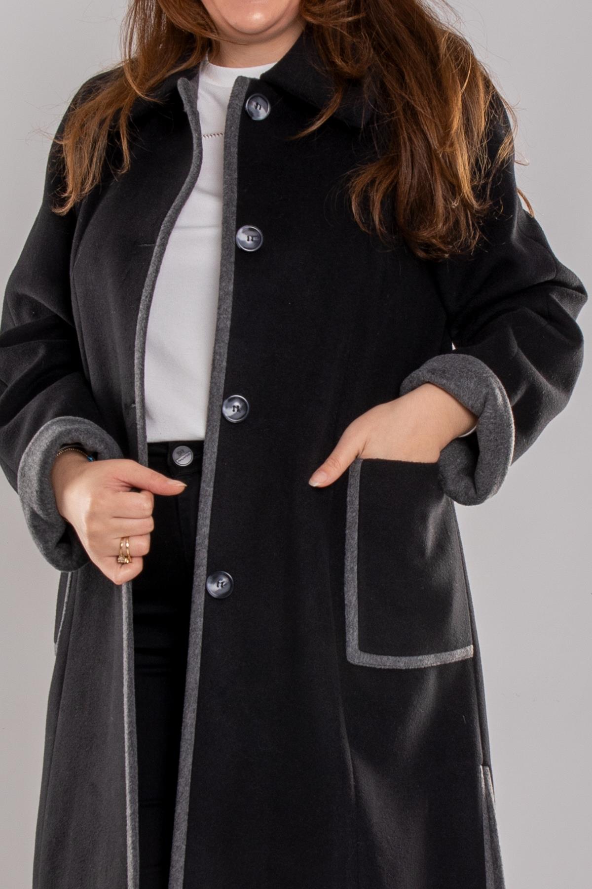 3947 Büyük Beden Kasha Eteği Yırtmaçlı İki Renkli Düğme Detay Kaşe Kaban